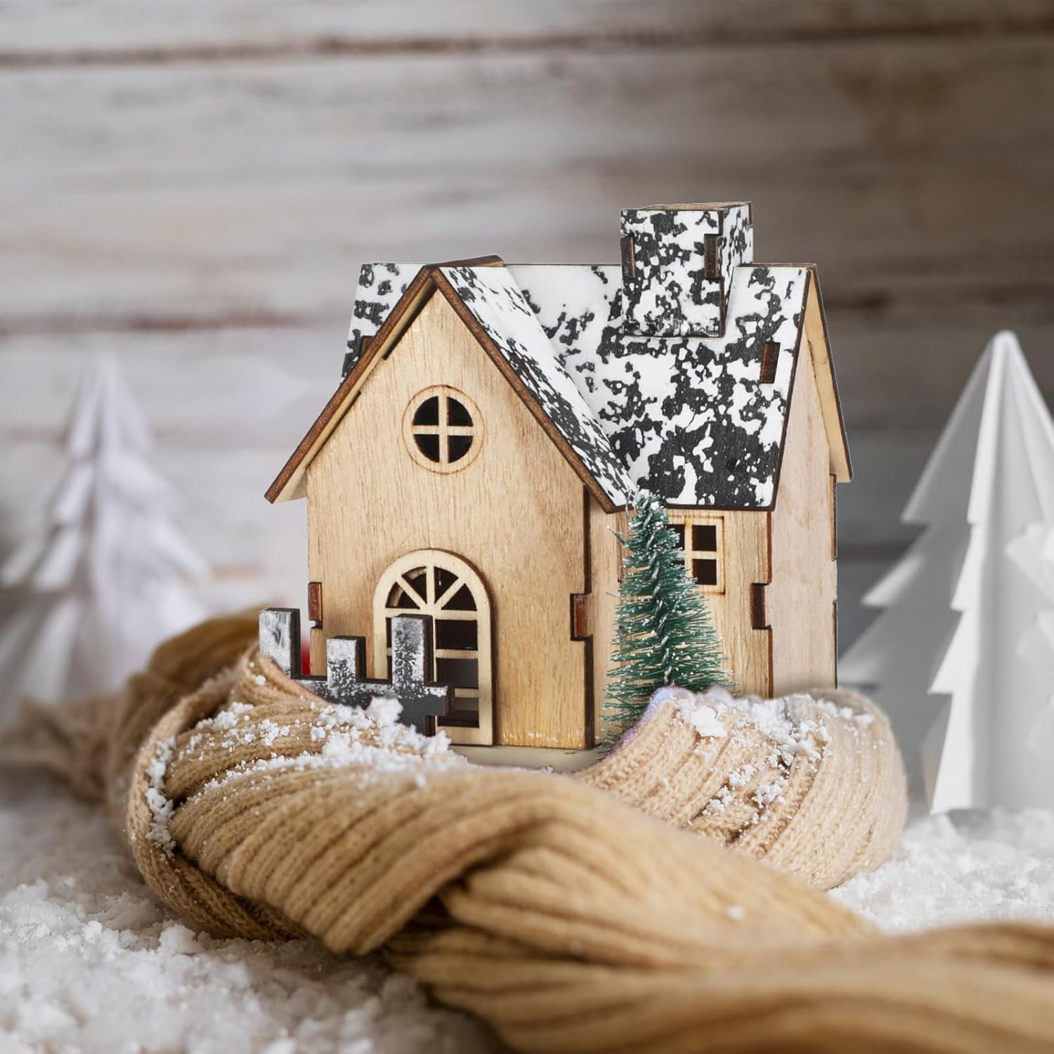Toyvian 3 Pcs Christmas Village Houses Decor: Small Glowing Wooden Houses Set with Lights Christmas Table Centerpieces - Holiday Desktop Cabin Ornament for Xmas Town Landscape Decor