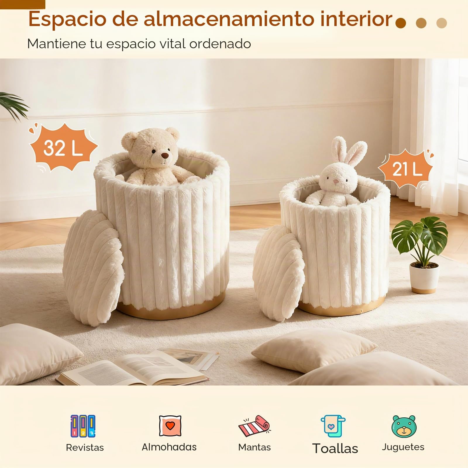 GIANTEX Juego de 2 Puffs Almacenaje 32L+21L, Taburete Otomano Redondo con Tapa, Reposapiés Tapizado de Pelo de Conejo, Diseño Apilable, para Salón, Entrada, Dormitorio, φ36 cm+φ31 cm