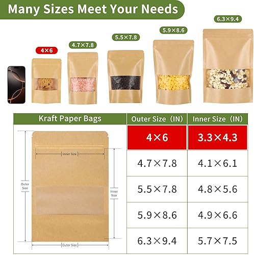 Miniatura 3 de 50 bolsas de papel kraft de 4 x 6 pulgadas con ventana transparente, bolsas de pie, bolsas a prueba de olores, bolsas resellables para pequeñas