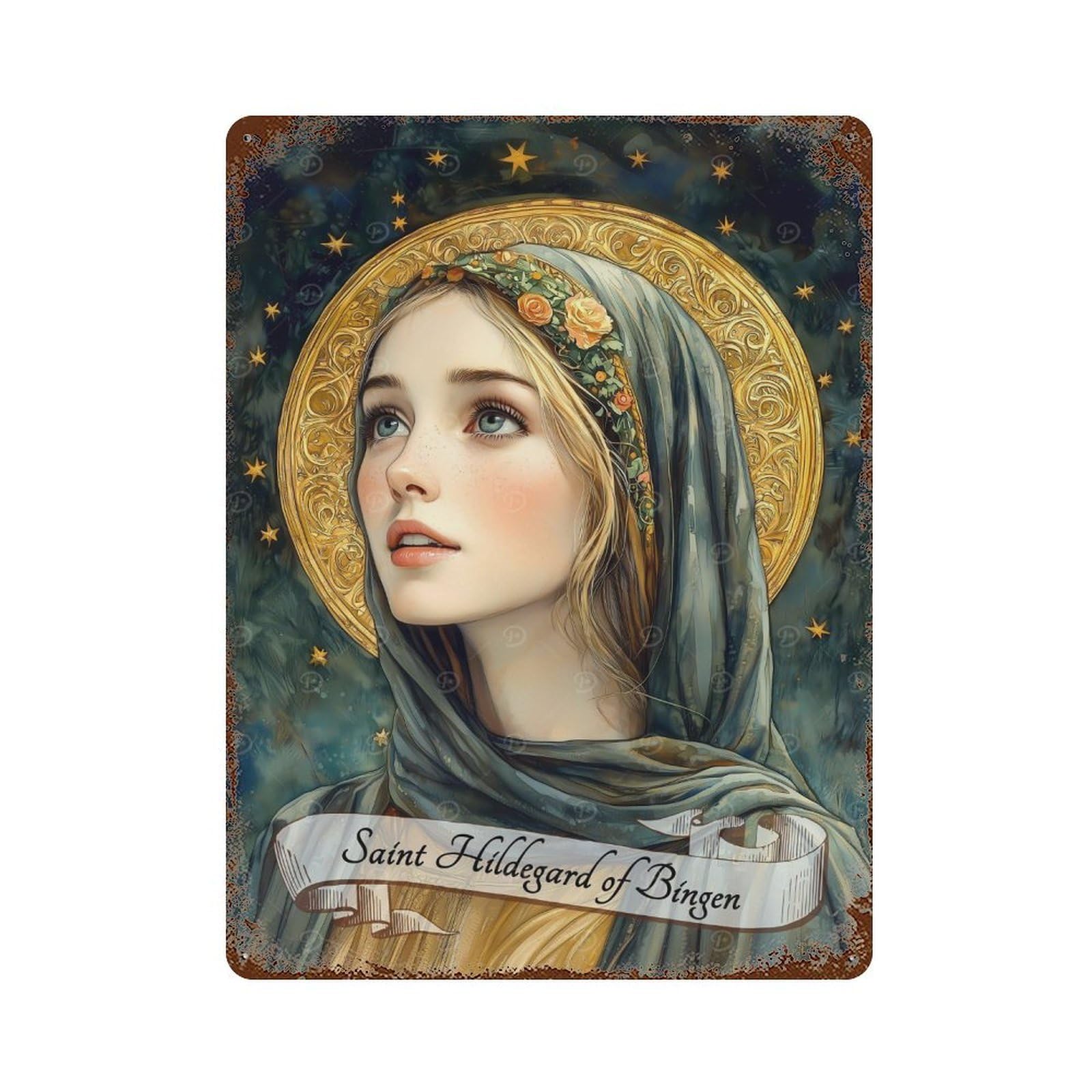 Rust Effect Tin Sign with Saint Hildegard of Bingen Design 15.7"x11.8", for Pub, Kitchen And Man Cave Decor, Industrial Home Decor