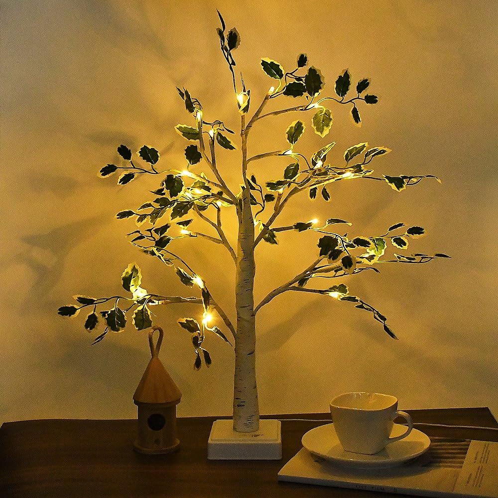 Alvorox Green Leaves Artificial Tree for Home Decor, 2FT Birch Tree with LED Lights, Warm White DIY Fairy Lights Spirit Tree Lamp for Indoor Tabletop