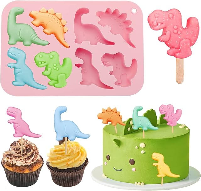 8-Cavity Dinosaur Silicone Mould, Food Grade Chocolate Baking Molds Handmade Soap Making Molds DIY Soft Baking Pan Moulds for Making Fondant, Cake, Muffin, Candy, Jelly, Ice Cube, Pet Treats(Pink)