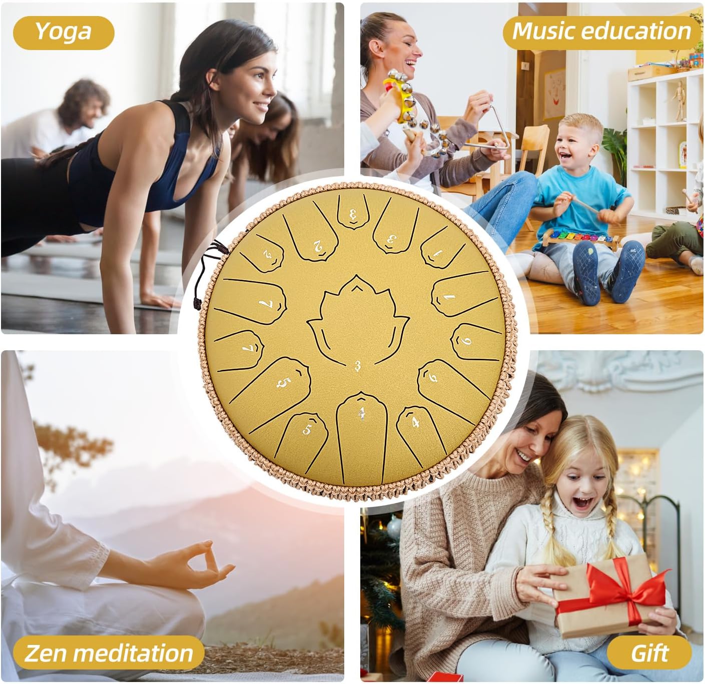 Steel Tongue Drum 13 Inch 15 Notes,Hand Drums with C-Key Travel Bag Drumsticks Holder Finger Paddles and Music Book,Handpan Percussion for Musical Education Meditation Yoga Gifts(Yellow)
