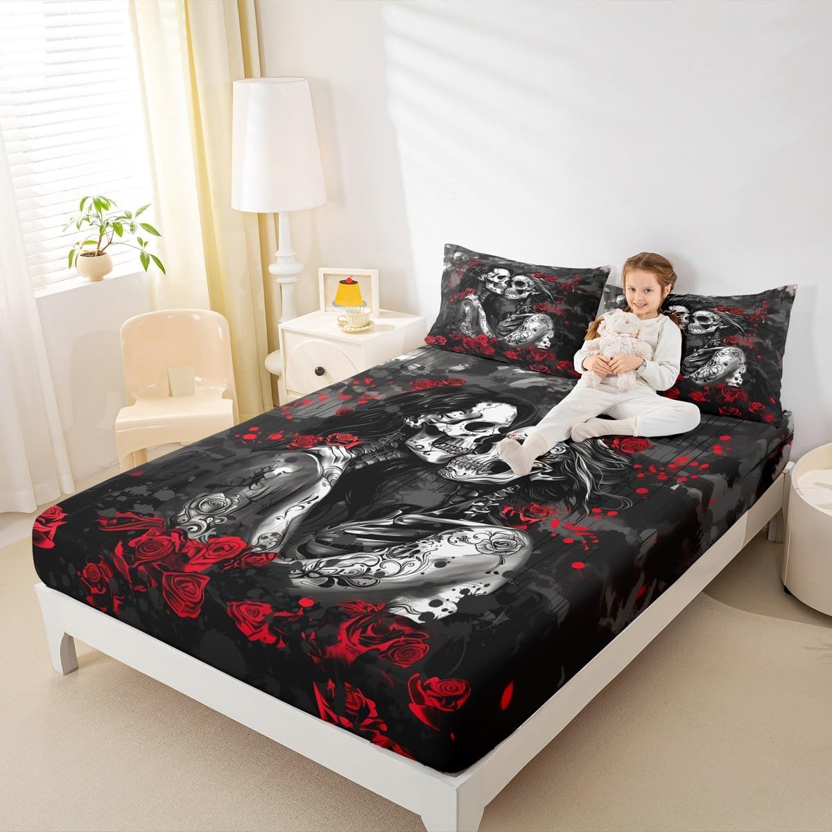 Sugar Skull Couple Full Bed Sheets Goth Romantic Red Rose Fitted Sheet,Gothic White Skeleton Lovers Flower Sheets,Love Heart Grey Black Bed Set for Halloween Adults Room Decor