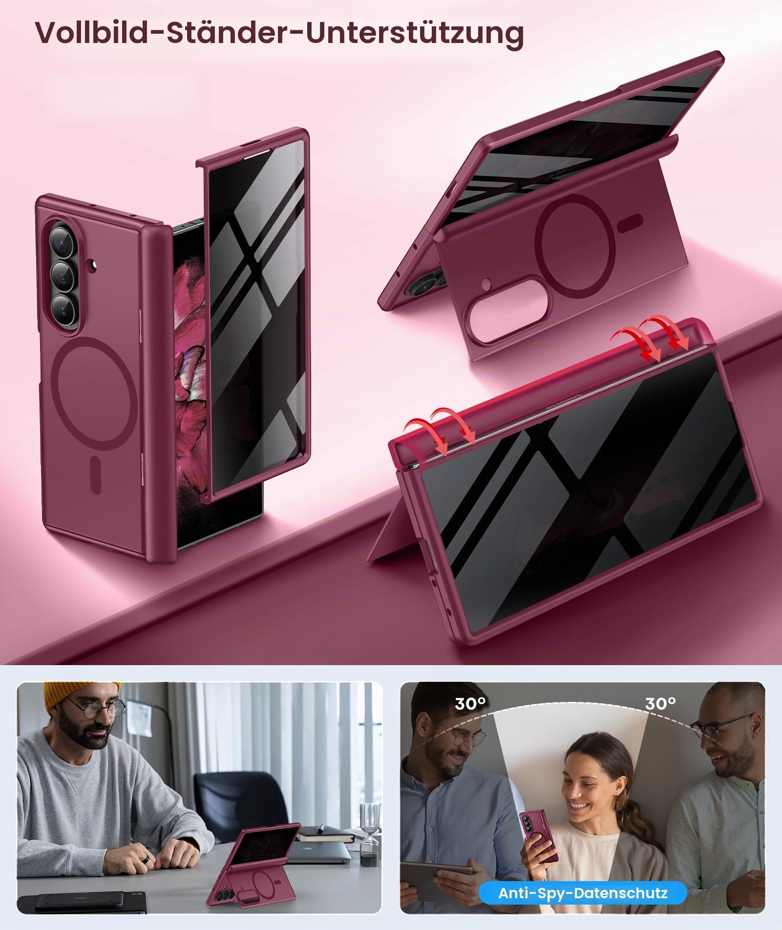 BERFY Hülle für Galaxy Z Fold 7 mit Datenschutz Displayschutz,rot | Kompatibel mit MagSafe, versteckter Ständer, Scharnierschutz in Militärqualität, stoßfest, magnetisch, schlanke Handyhülle