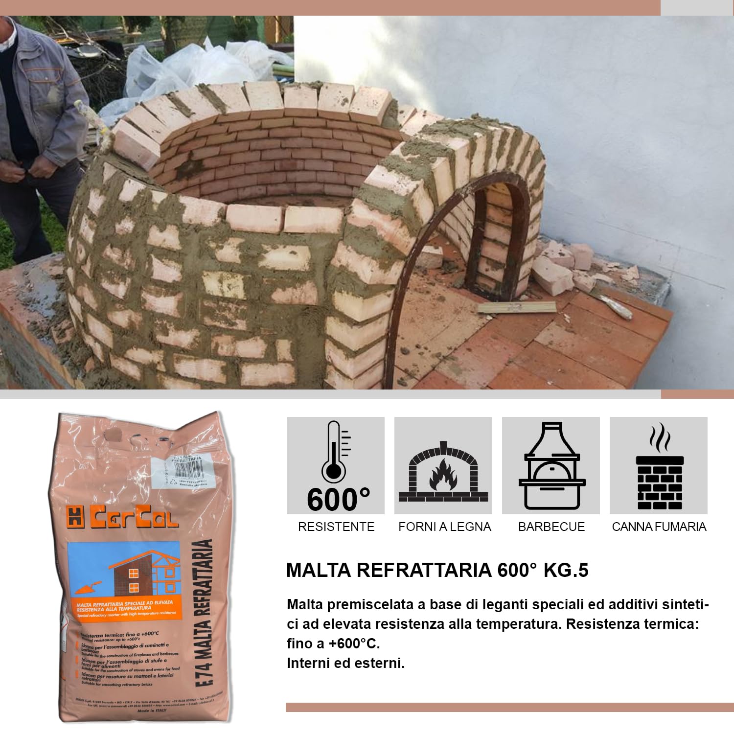 MASTERBRICO Cemento Refrattario Alta Temperatura 5 kg Grigio – Malta Resistente Fino a 600°C per Forni a Legna, Barbecue, Caminetti, Stufe – Pronto all’Uso per Lavori in Muratura
