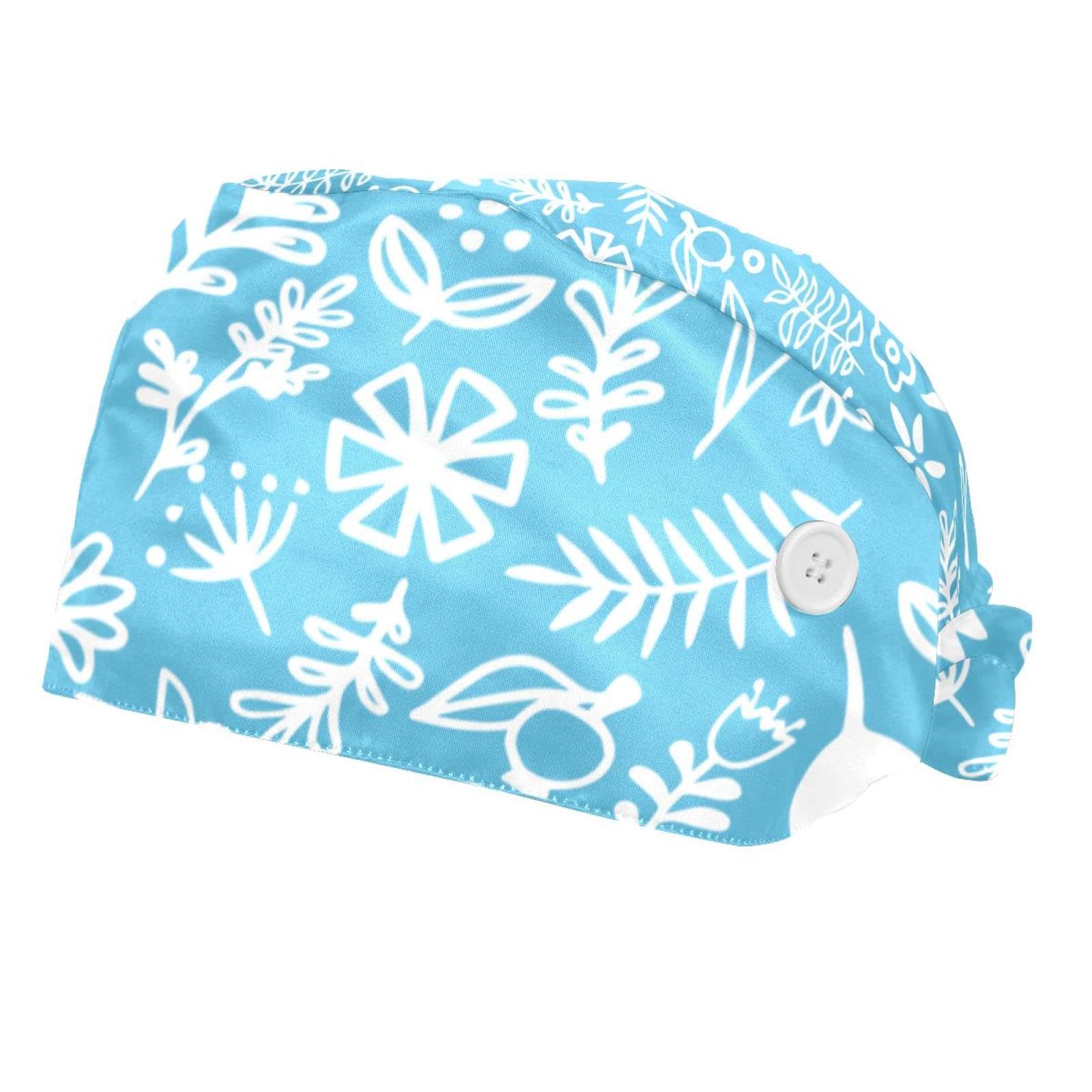 Blue Line Flower 2 Pcs Unisex Working Cap with Button Sweatband Adjustable Tie Back Bouffant Hats