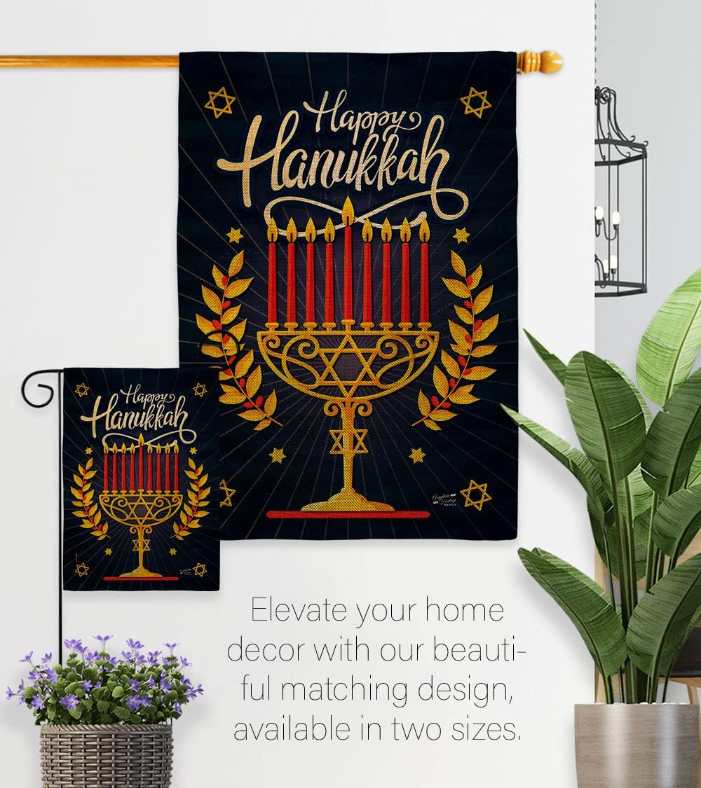 Happy Hanukkah Set Wall Holder Winter Candle Bonsai Menorah Jewish Chanukah David House Decoration Banner Small Yard Gift Double-Sided, Garden Flag 13"x 18.5", Thick Burlap