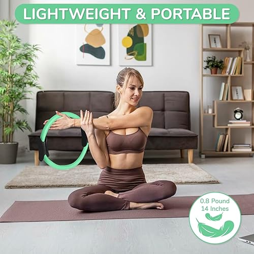 Miniatura 2 de TOPZGLEEY Juego de anillos de pilates  Círculo mágico antideformación de 14 pulgadas con asas acolchadas, mini bola, 5 bandas de resistencia, guía,
