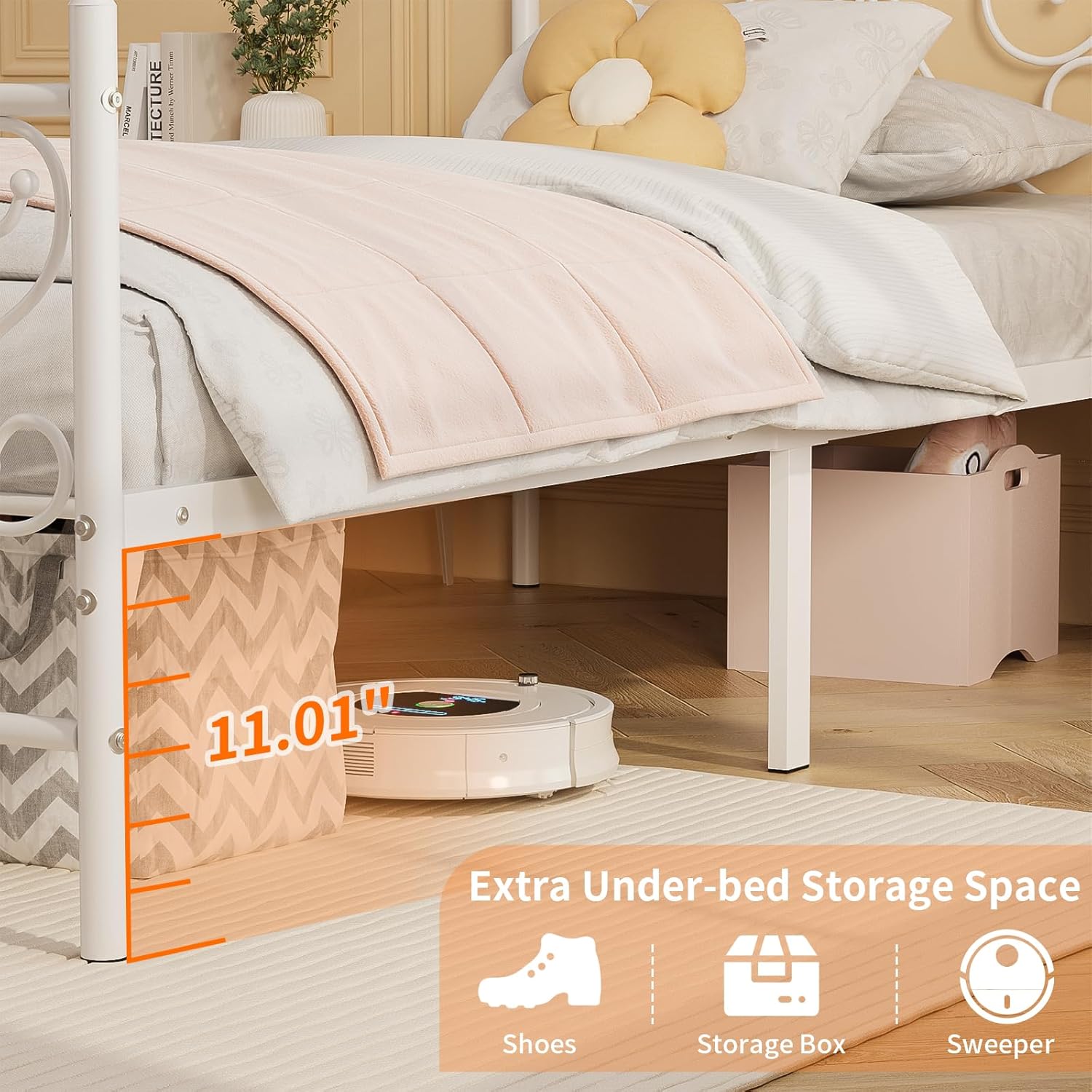 Twin Bed Frames with Butterfly Pattern Headboard and Footboard，Twin Size Bed Easy Assembly No Box Spring Needed Heavy Duty Metal Platform, White - Image 6