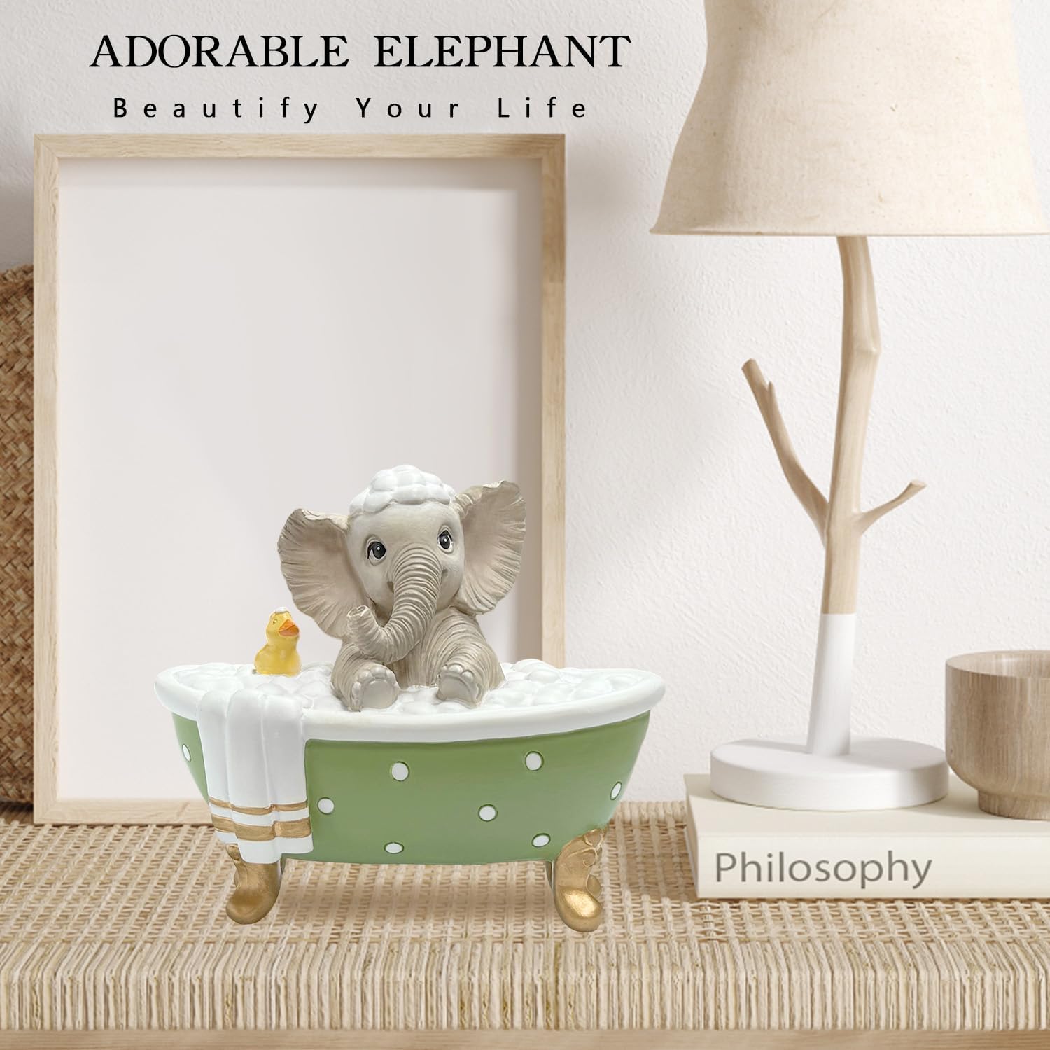 Elephant Figurine Garden Statue Decor, Cute Grey Resin Elephant with a Duck in Polka Dot Bathtub Brings Good Luck, Health, Strength, Housewarming Gifts for Home Bathroom Farmhouse Tiered Tray - Image 6
