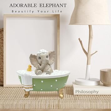 Elephant Figurine Garden Statue Decor, Cute Grey Resin Baby Elephant with a Duck in Polka Dot Bathtub Brings Good Luck, Health, Strength, Housewarming Gifts for Home Bathroom Farmhouse Tiered Tray