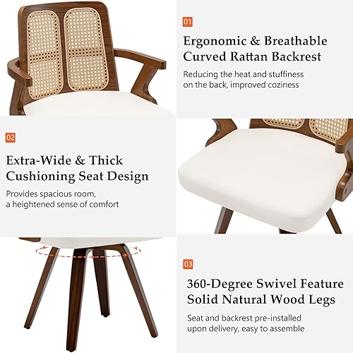 Miniatura 3 de Juego de 2 sillas de comedor de nogal  Sillas de comedor giratorias de ratán con marco de madera curvada con respaldo ergonómico de bastón, brazos