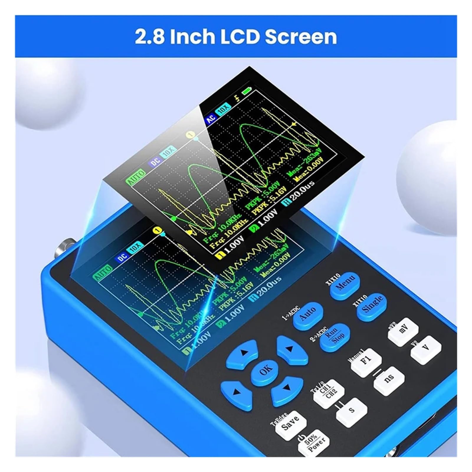 Osciloscopio digital DSO2512G con 2 canales, generador de señales ancho banda 120 MHz/z, frecuencia muestreo 500 Msa/s y pantalla,8 pulgadas