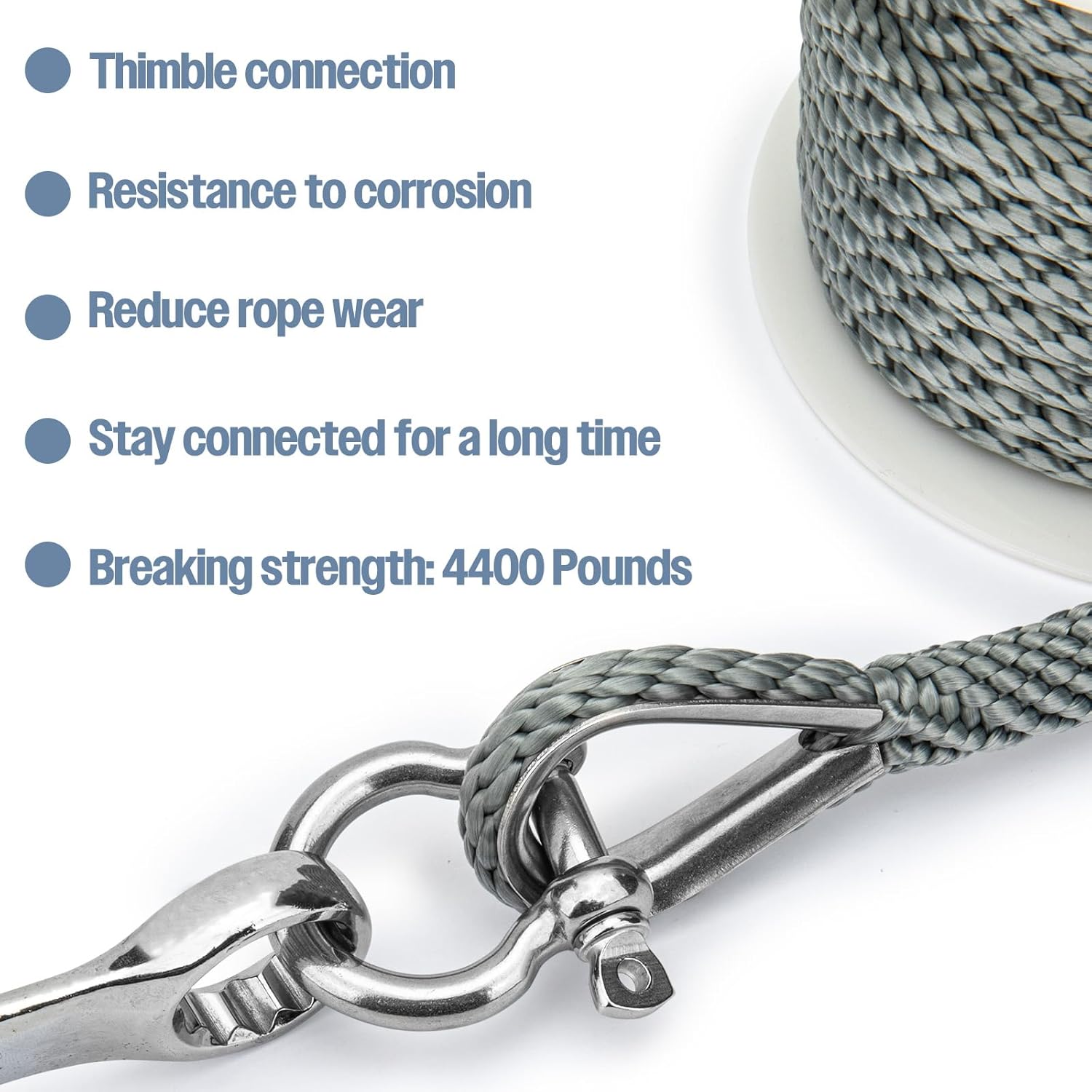 Boat Anchor Rope 3/8 inch 50ft Premium Solid Braid Nylon MFP Boat Rope with Stainless Steel Thimble & Shackle, Quality Marine Line, Grey,Boat Accessories