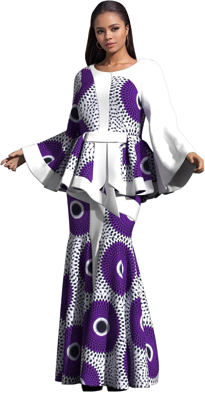 ABCWAX Women African Wax Print Two Piece Outfits Set Elegant African Traditional Clothing Dashiki Top and Skirt