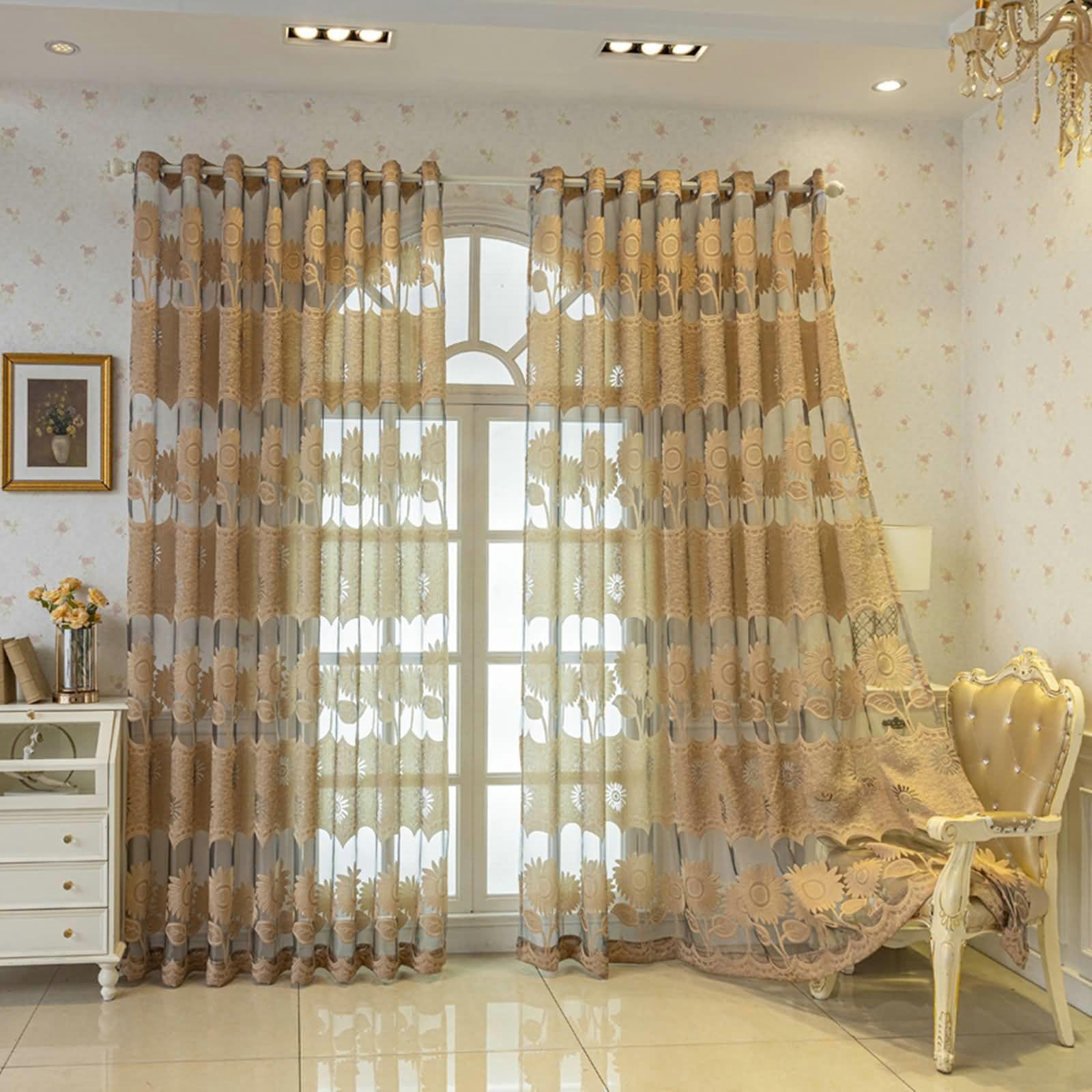 Półprzezroczyste zasłony poliestrowe, długość 2 paneli, ze wzorem słonecznika, z przelotkami do sypialni, salonu, 132 x 229 cm dł., jasnobrązowe