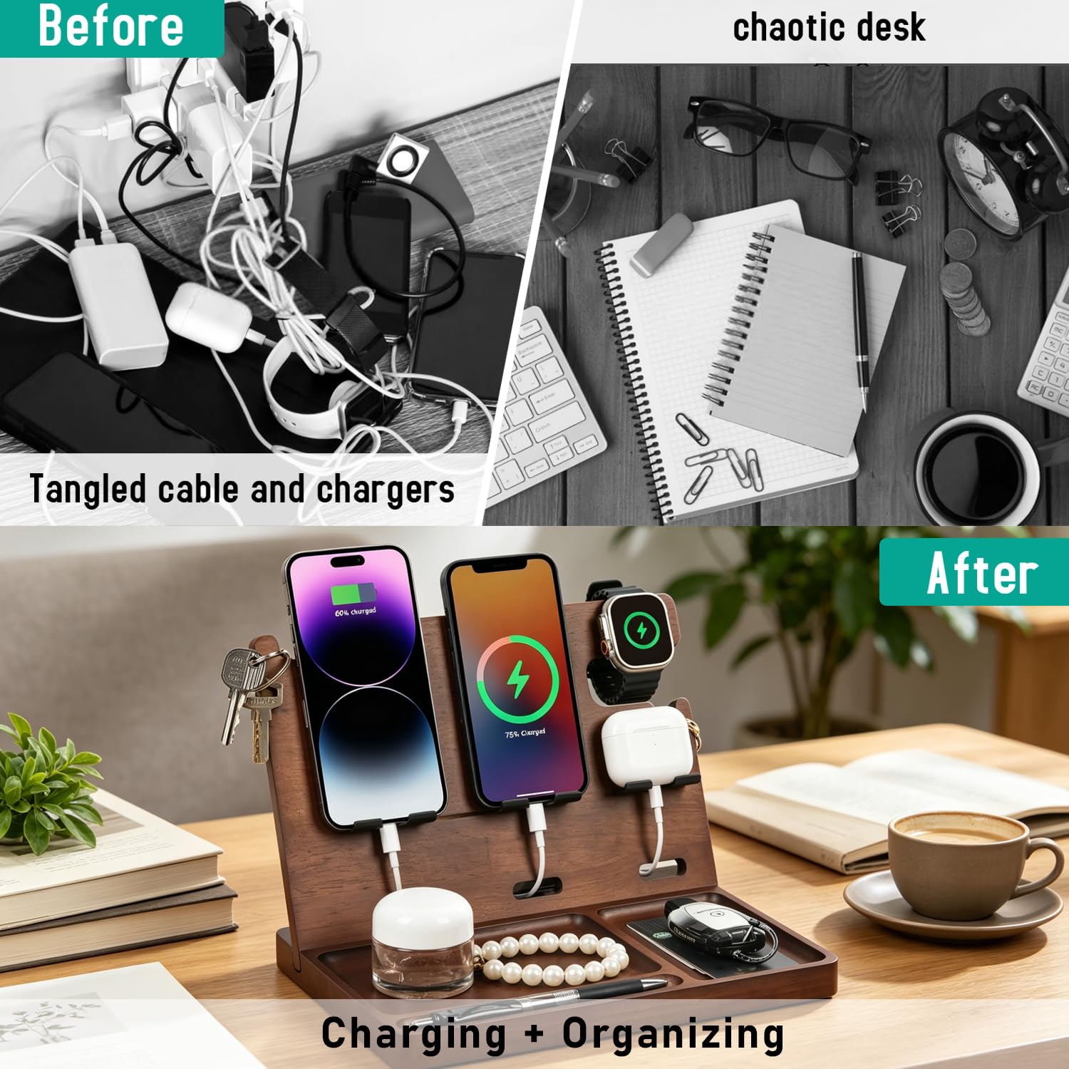 Holz-Handy-Dockingstation, Nachttisch-Organizer, Ladestation mit QC 3.0 & PD22,5 W USB-C-Ladegerät, schnelles Aufladen für iPhone, Samsung, Android, Tablet, Uhr, Jahrestag, Geburtstag