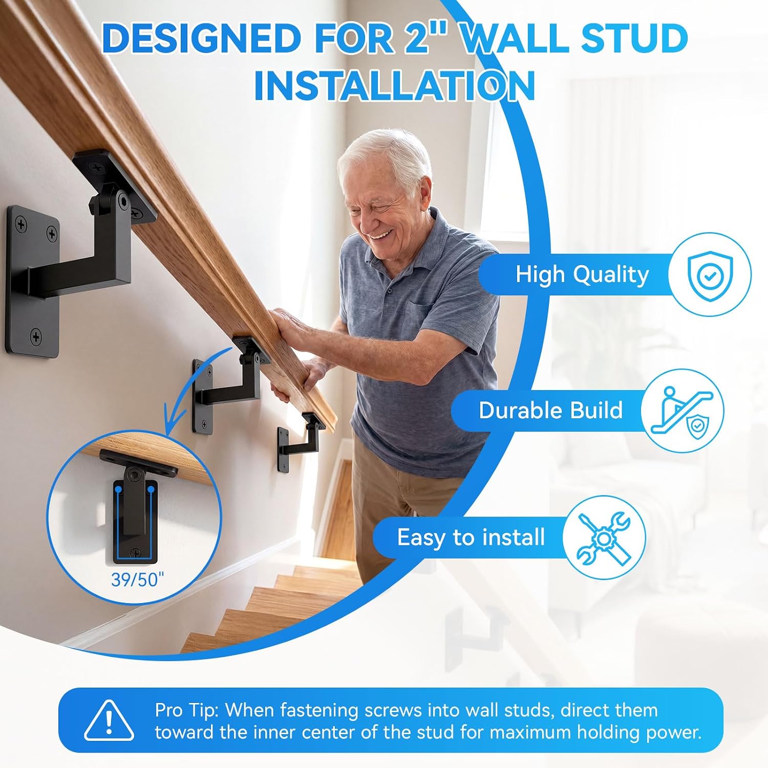 Adjustable Handrail Bracket 4 Pack, Heavy Duty Matte Black Stair Railing Brackets with 3-Hole Triangle Support, 270° Swivel Modern Wall Mount Hand Rail Support for Flat Wood or Steel Railings