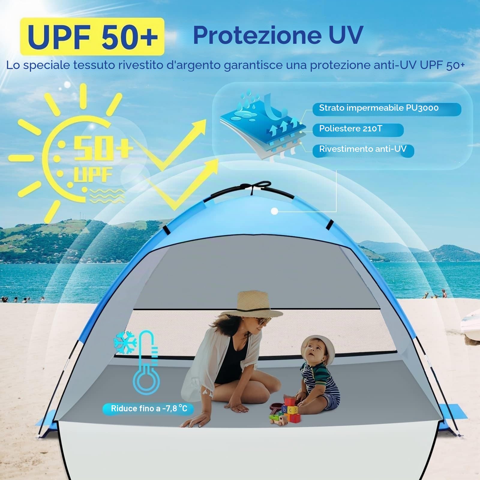Tenda da Spiaggia Portatile per 2-4 Persone, Protezione Solare UPF 50+, Parasole Leggero e Facile da Montare con Trasporto