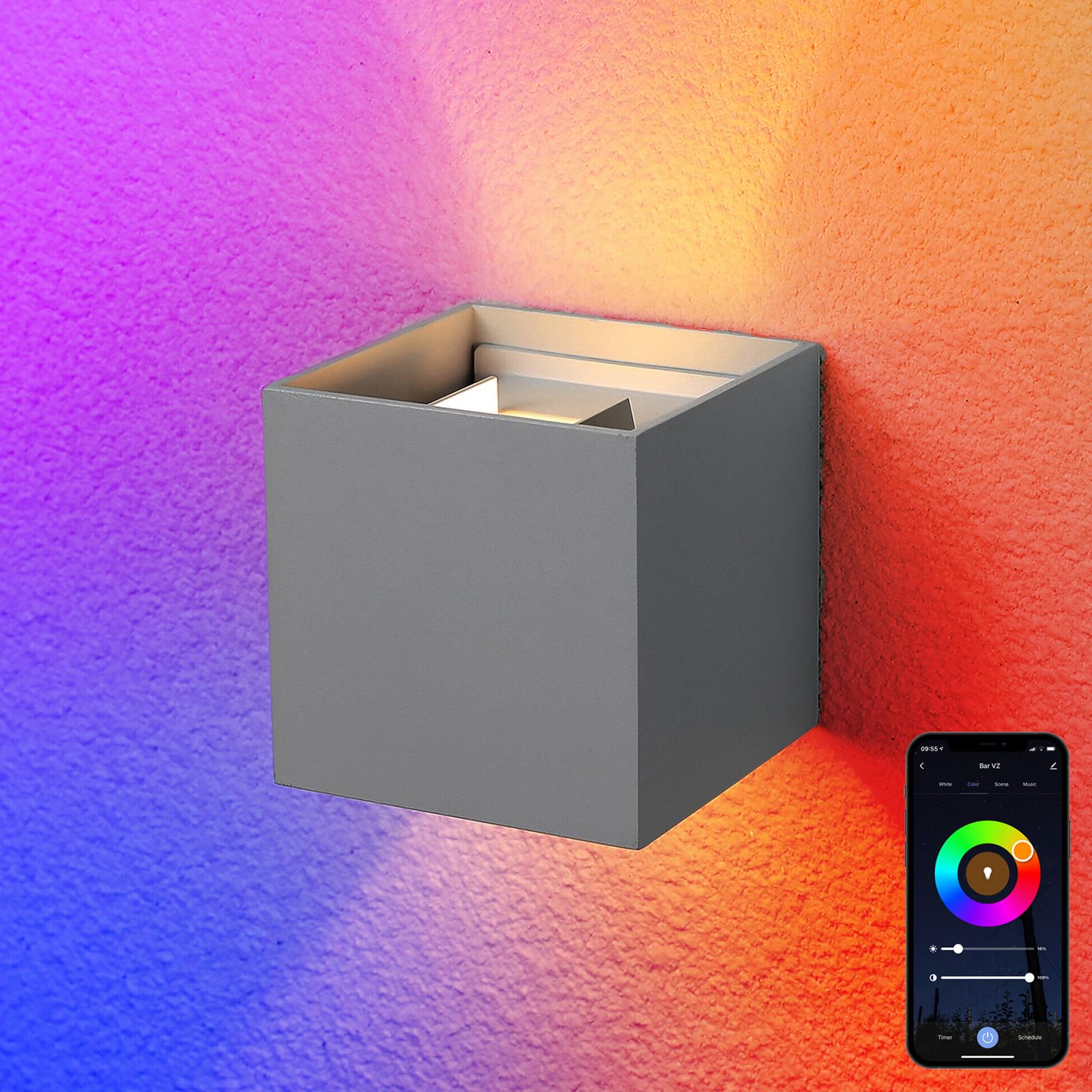 Maxled, Light is Led! Lampa Ścienna RGB Wewnątrz Zewnątrz 450lm Regulacja Jasności Smart LED Wodoszczelność IP65 WiFi Lampa Ścienna Aluminiowa Kinkiety LED Współpracuje z Alexa i Google Assistant