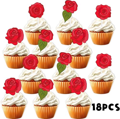 Miniatura 2 de 18 piezas de decoración de postre de rosas rojas para decoración de postre para el día de San Valentín, boda, aniversario, despedida de soltera,