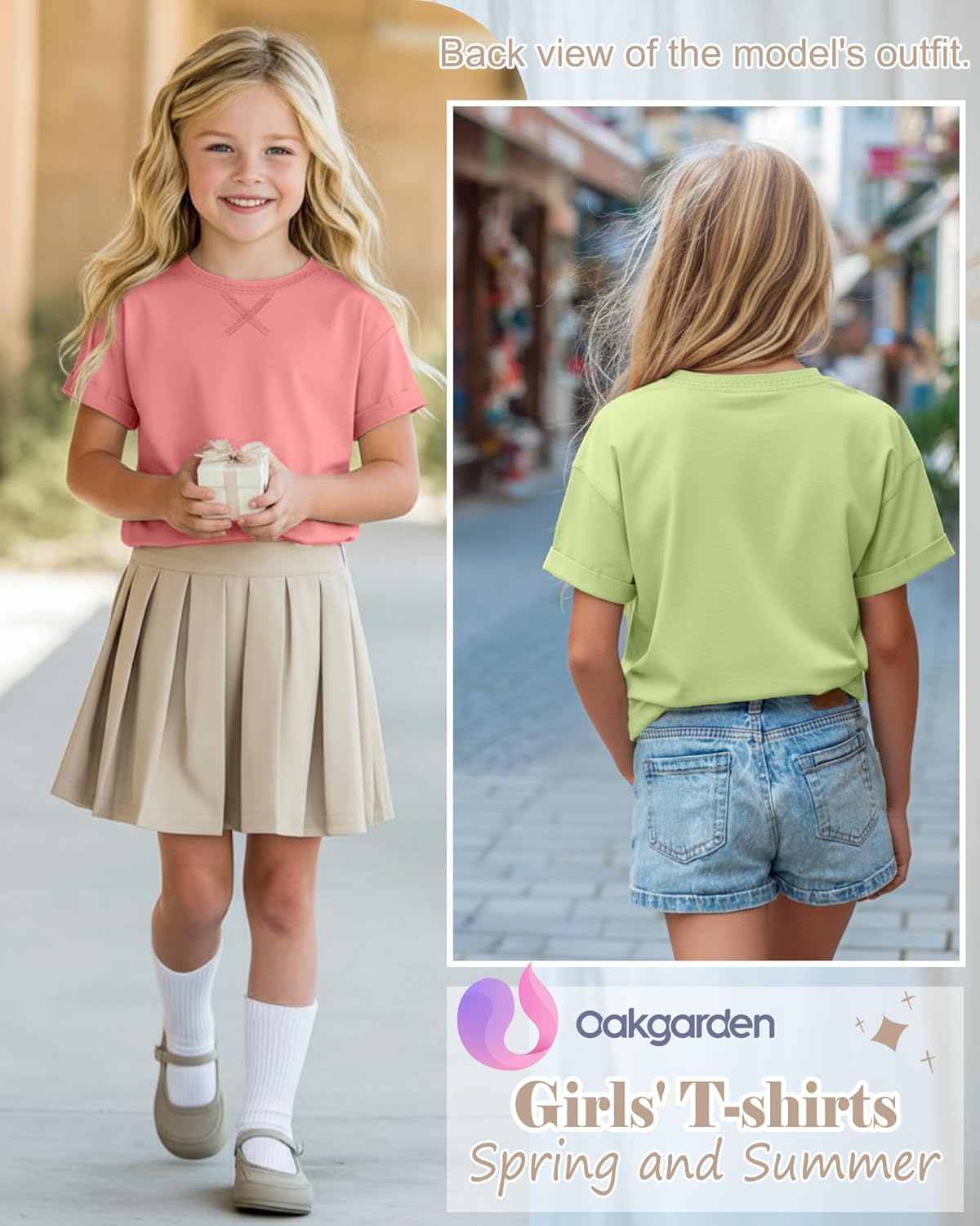 Oakgarden 4 Pack Girls' Short Sleeve T-Shirts Kids Summer Tees Loose Crew Neck Casual Dropped Shoulders Tops 5-14 Years