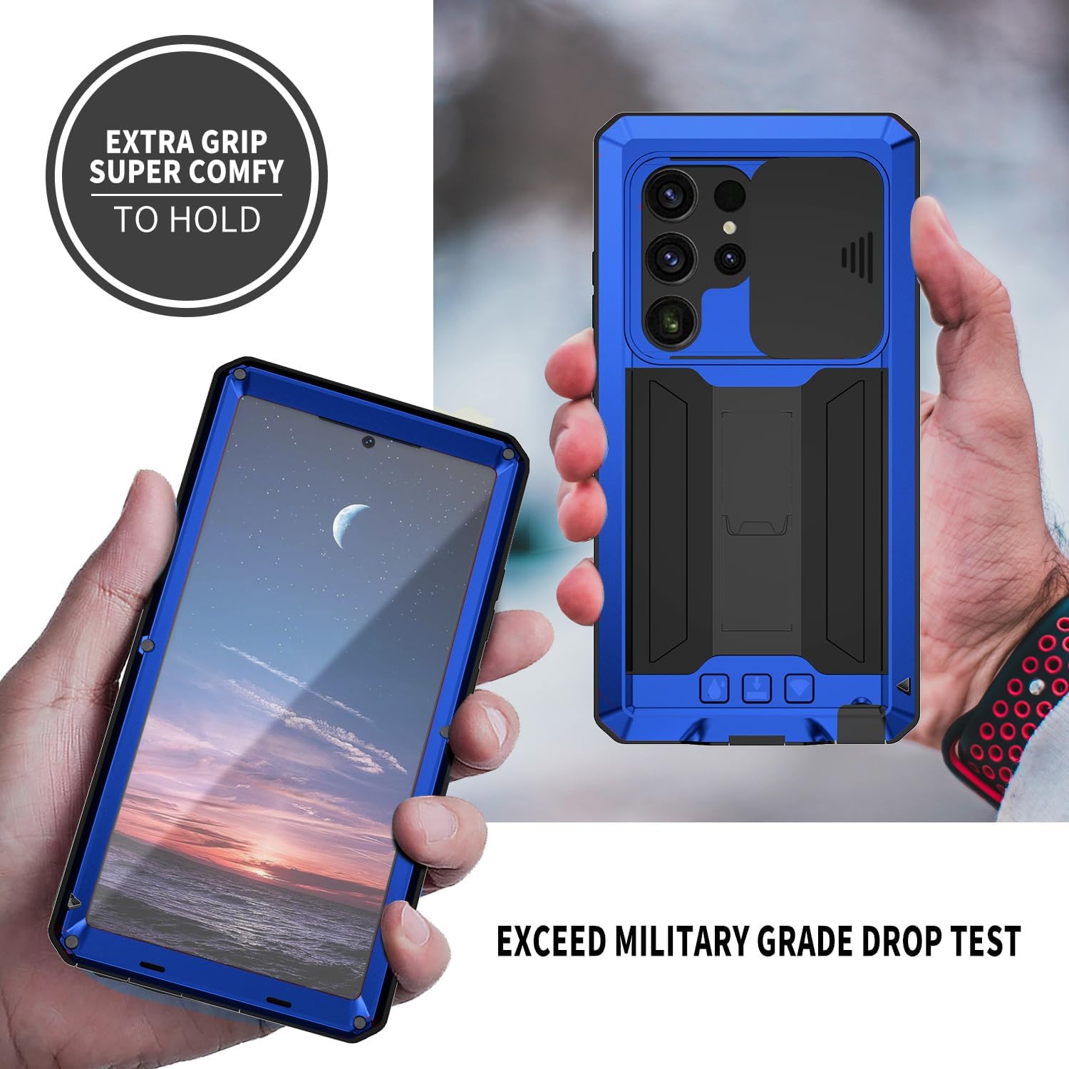Compatible for Samsung Galaxy S25 Ultra Metal Case with Slide Camera Cover Built in Screen Protector Full Body Hybrid Stand Military Heavy duty Armor Aluminium Silicone Case For Man Construction Blue