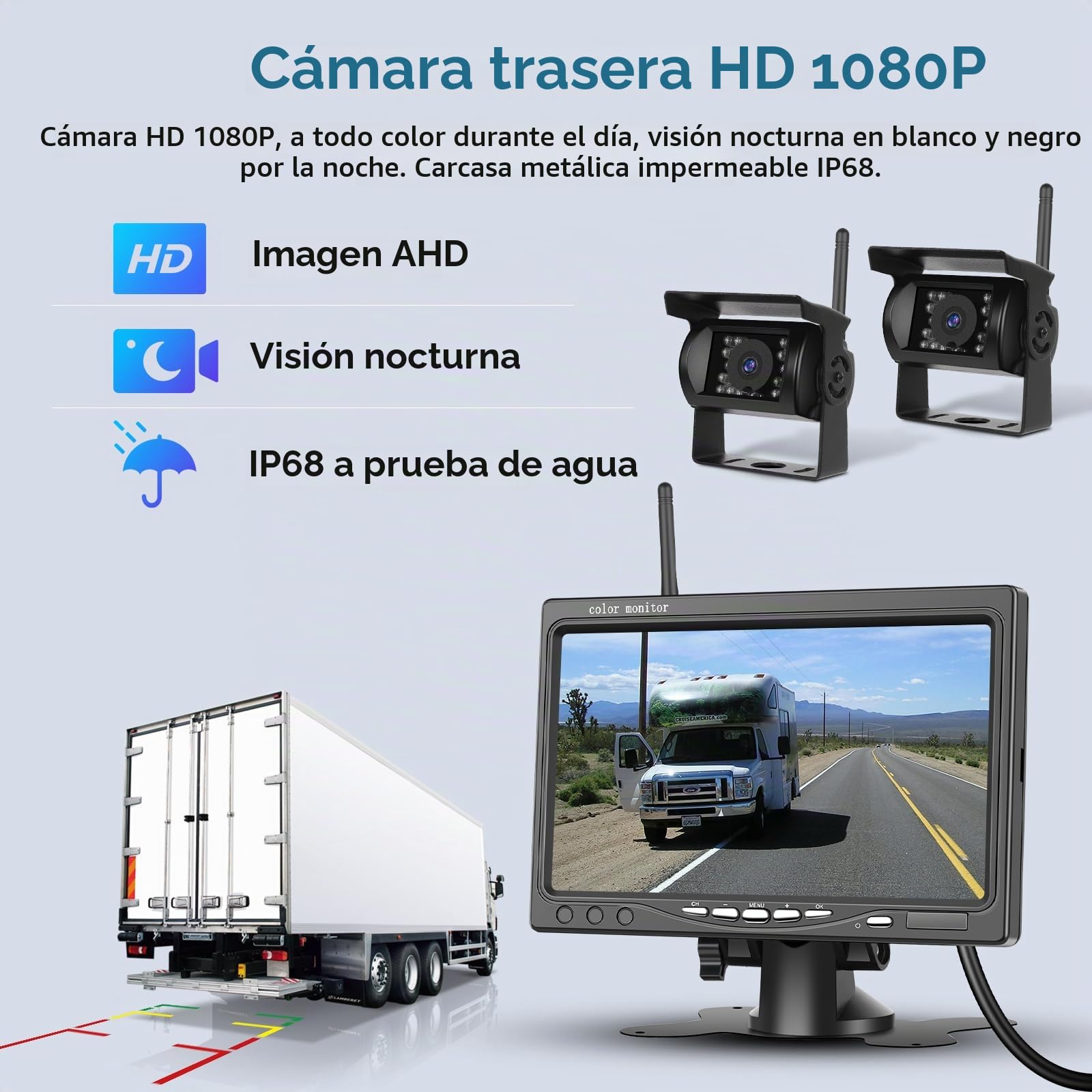 Kit de cámara Trasera inalámbrica HD 1080P, Monitor LCD de 7", 2 cámaras de Respaldo para Remolque, casa rodante, camión, automóvil, autobús, guía de Bricolaje, IP68, visión Nocturna, BSD, 12V-36V