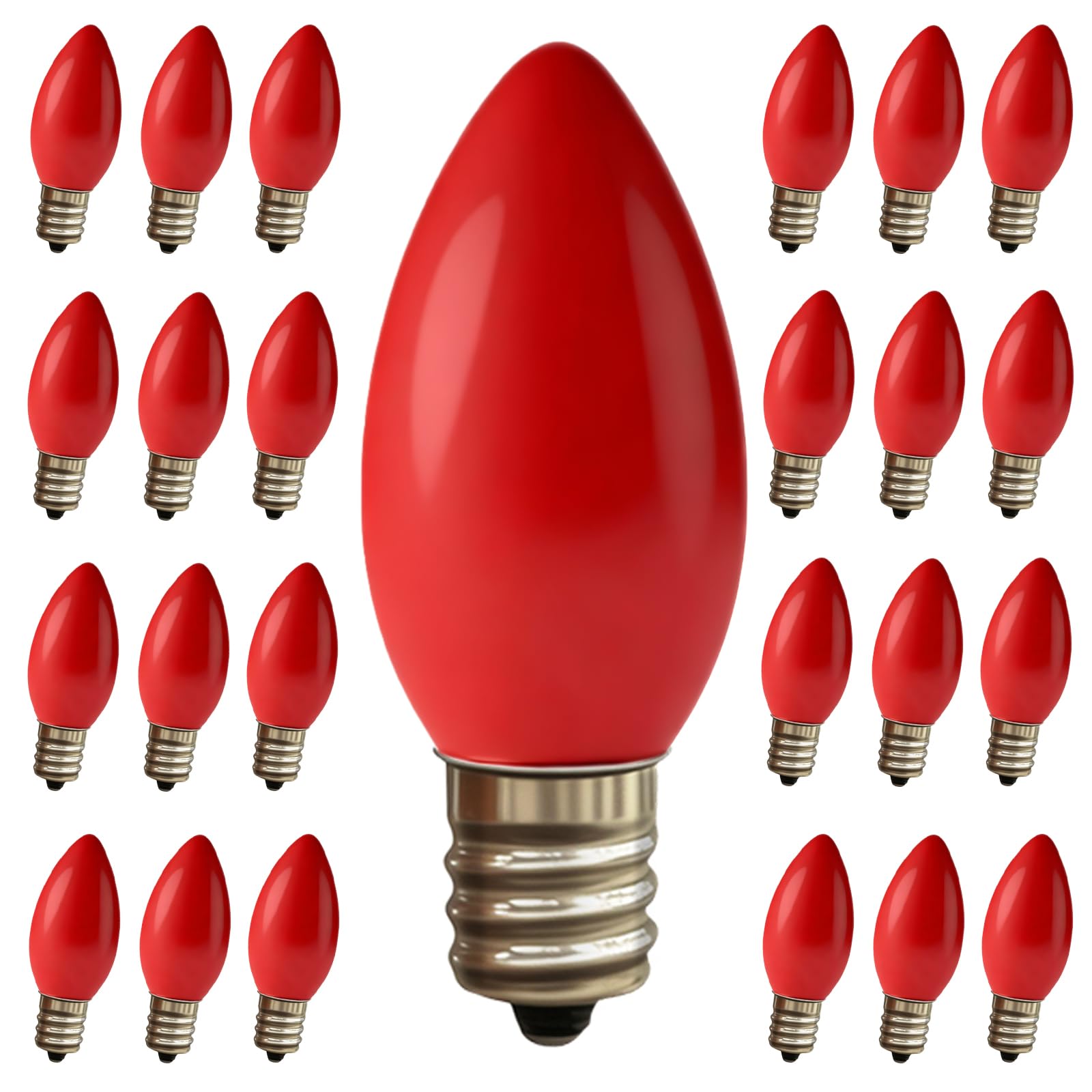 Konictom 25 Pack C9 Red LED Light Bulb,Vintage Plastic Red C9 Replacement Bulbs Shatterproof C9/E17 Intermediate Base 0.6 Watt Great for Outside