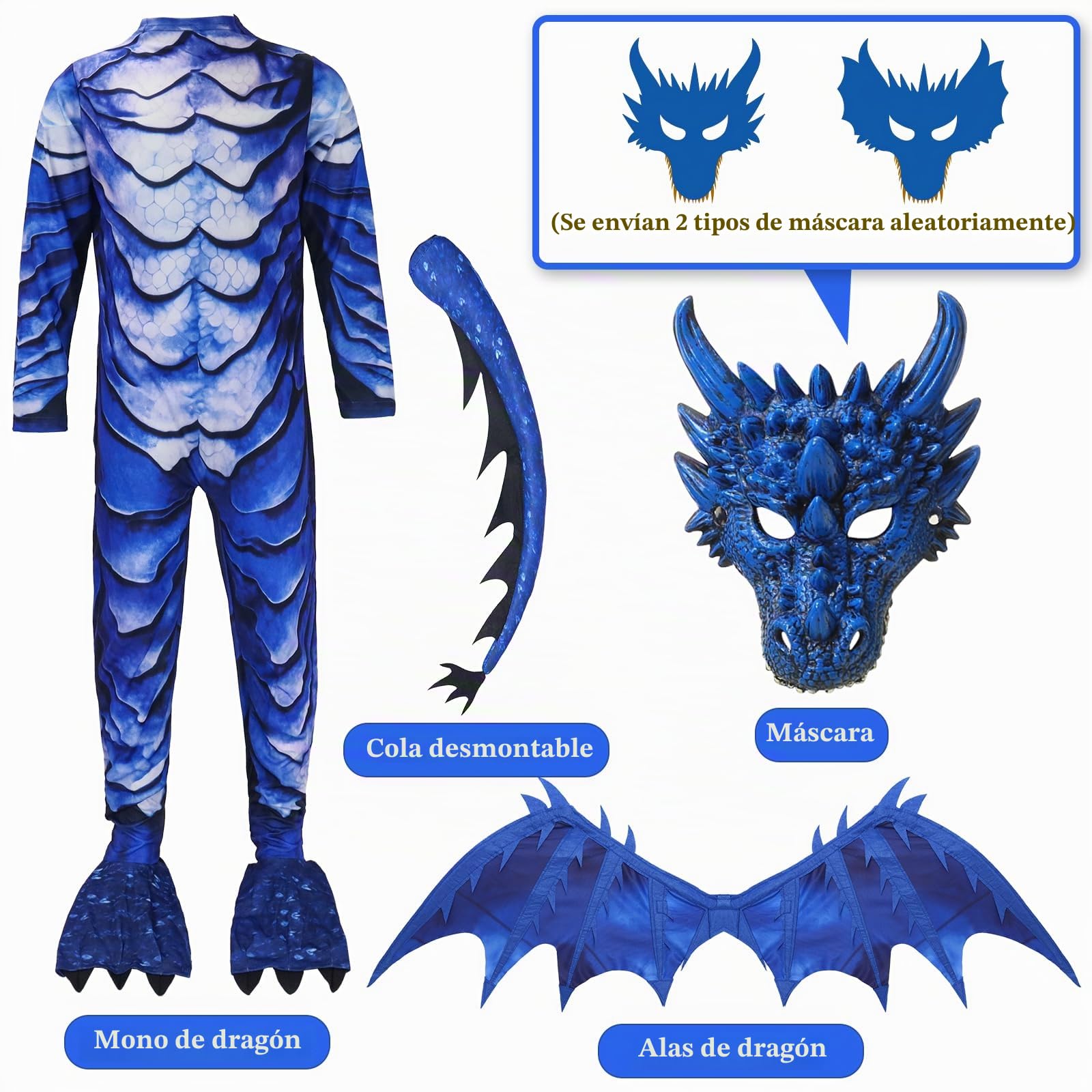 Disfraz de dragón para niños, disfraz de dragón con cola de alas y máscara para niños y niñas, Halloween, carnaval, dragón azul, para niños 4, 5, 6, 7, 8, 9, 10, 11, 12 años