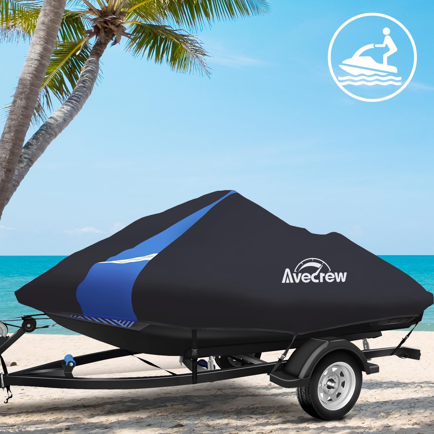 Avecrew Jet Ski Cover Waterproof - 250D Trailerable PWC Cover Fits Yamaha Seadoo Kawasaki Personal Watercraft Boats with Two Air Vents| Length Range: 135'' to 145''