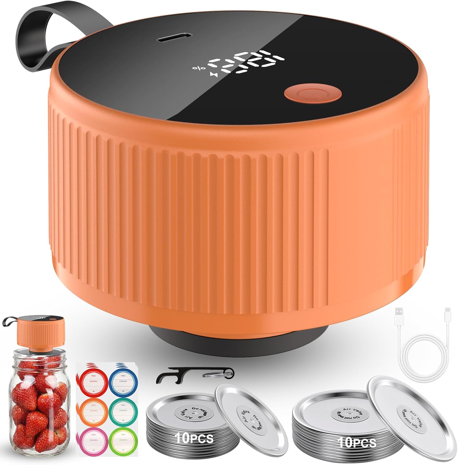 Electric Mason Jar Vacuum Sealer Kit, Automatic Jar Sealer for Wide and Regular Mouth Mason Jars, Portable Cordless Vacuum Sealer for Canning and Food Storage, Includes 20 Lids, 24 Labels, Orange