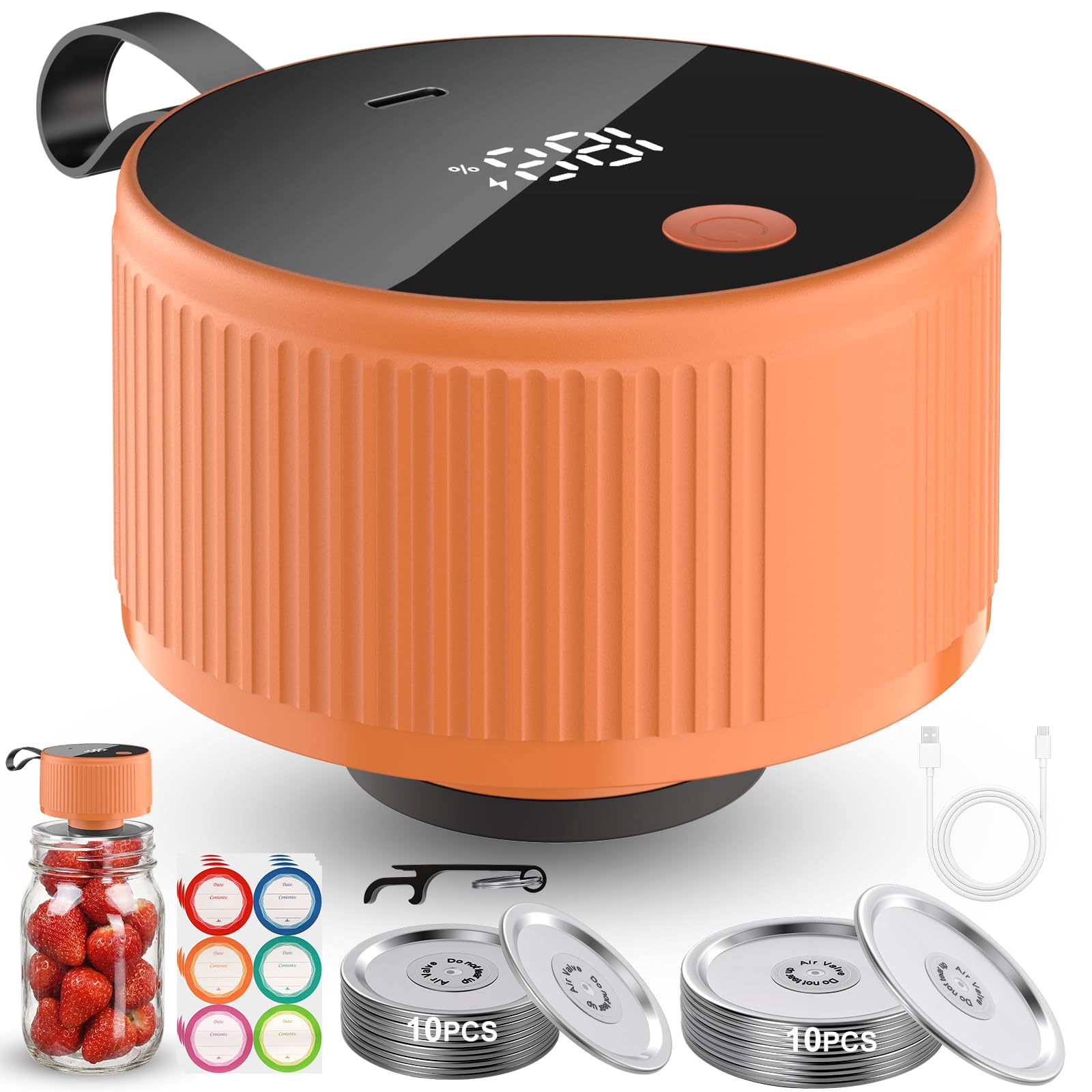 Electric Mason Jar Vacuum Sealer Kit, Automatic Jar Sealer for Wide and Regular Mouth Mason Jars, Portable Cordless Vacuum Sealer for Canning and Food Storage, Includes 20 Lids, 24 Labels, Black — view 11
