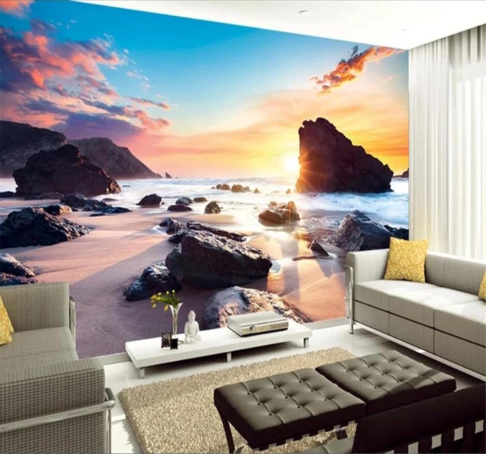 XLMING Beautiful Seascape Sunshine Beach Rocks 3D Wallpaper Silky Texture Home Study Office Grey Dining Room Sofa Bedroom Living Room TV Backdrop-400cm×280cm