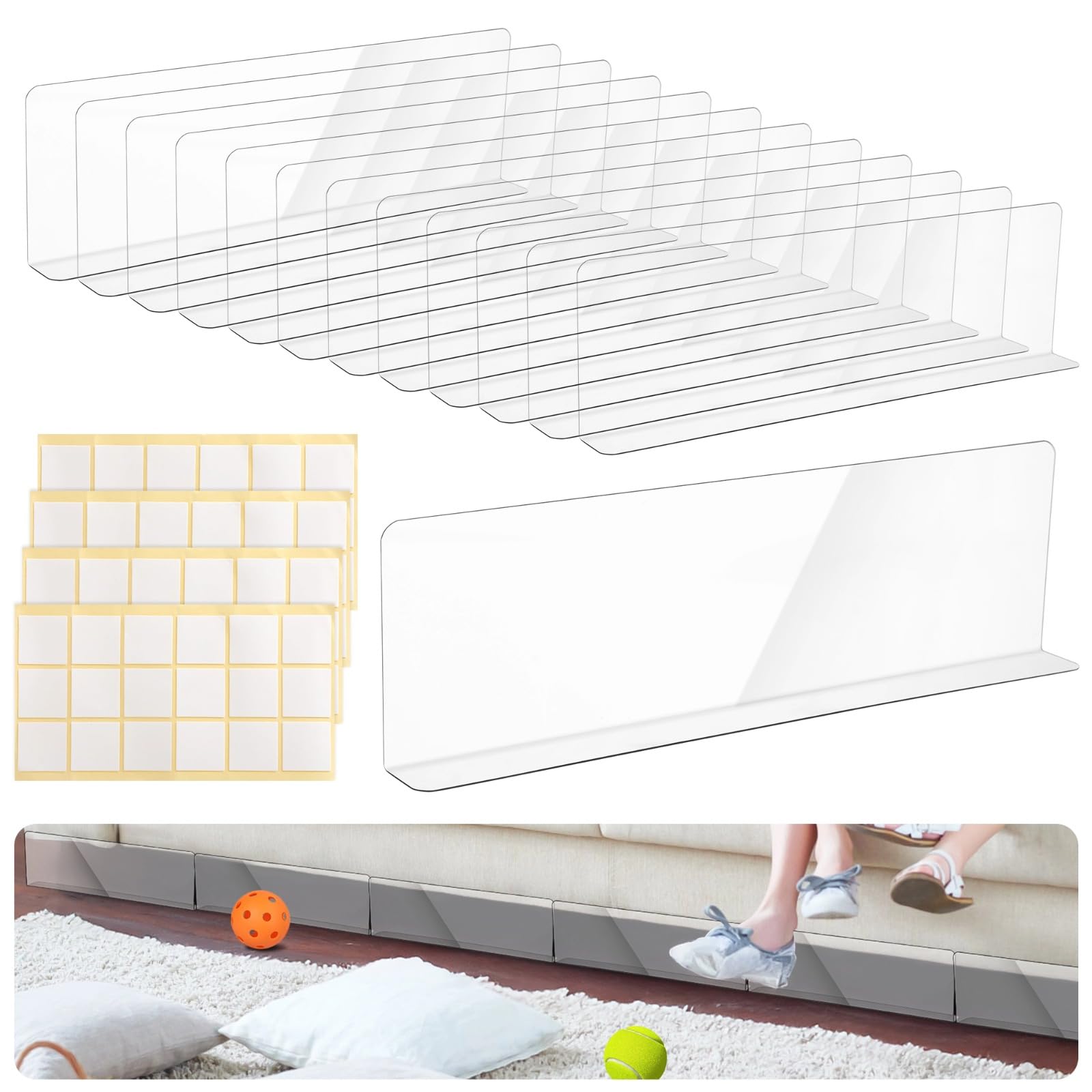 Générique Lot de 12 bloqueurs transparents pour dessous de canapé et lit, barrières pour espaces sous meubles, avec adhésifs puissants, séparateurs découpables pour canapé, étagère, entrepôt