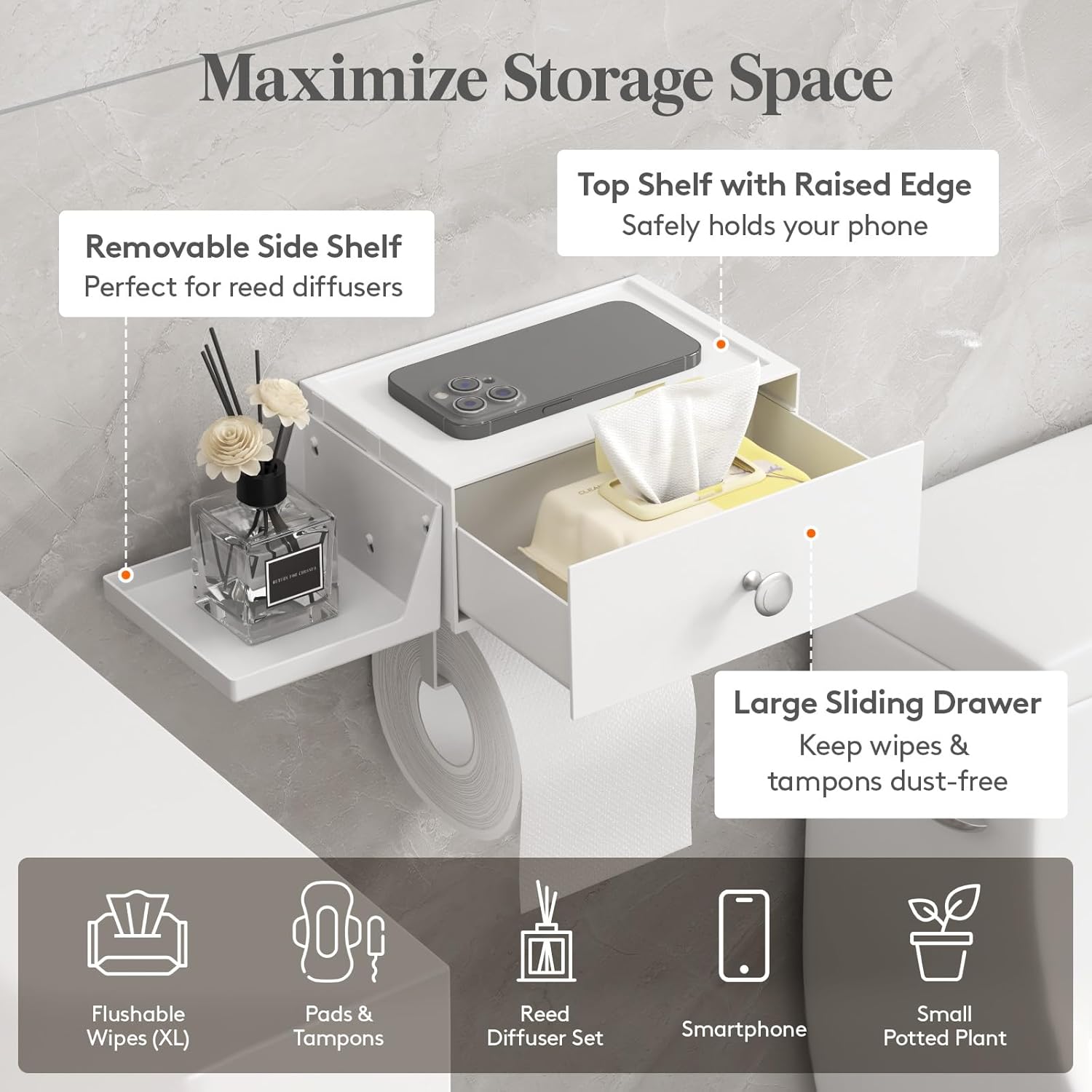 Lifewit Toilet Paper Holder with Shelf and Drawer, Screw or Adhesive Wall Mount Tissue Roll Storage, Dustproof & Flushable Bathroom Wipes Dispenser Organizer, White, 2 Pack