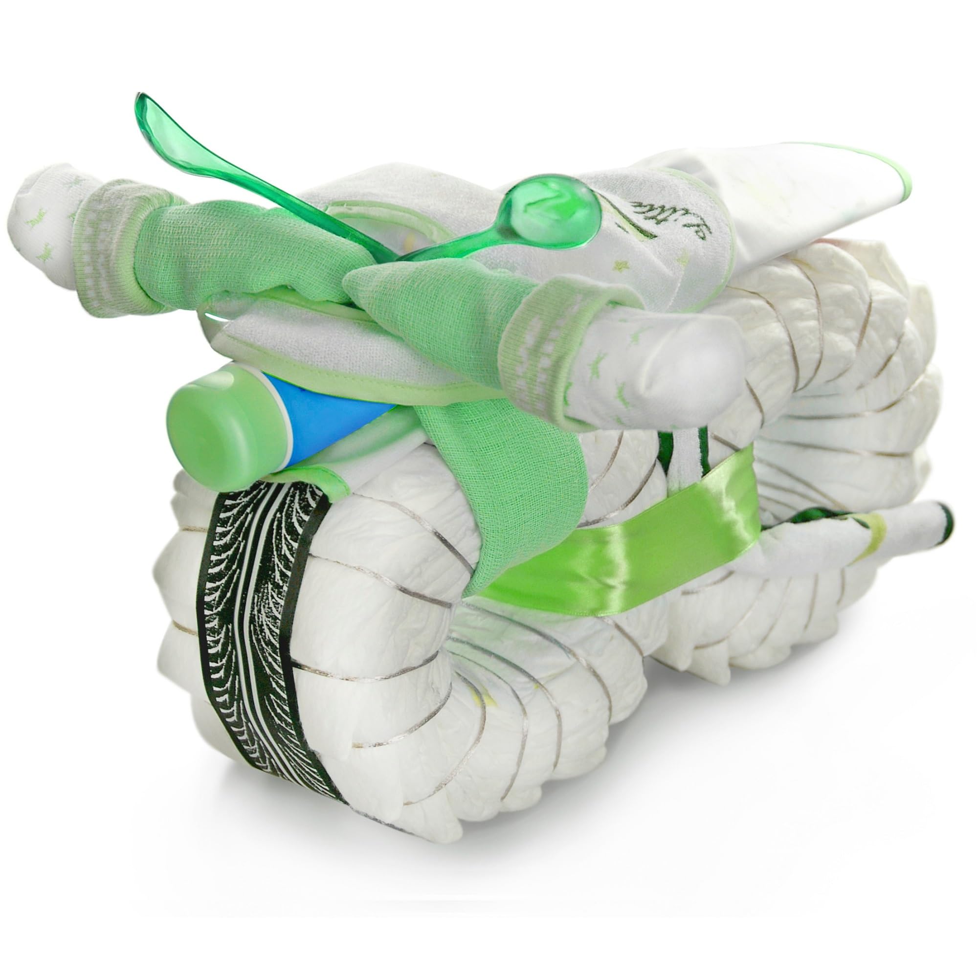 Windeltorte Windelmotorrad Jungen ROCKSTAR grün / 45-teilig - Windeltorte Motorrad - Geschenk zur Geburt