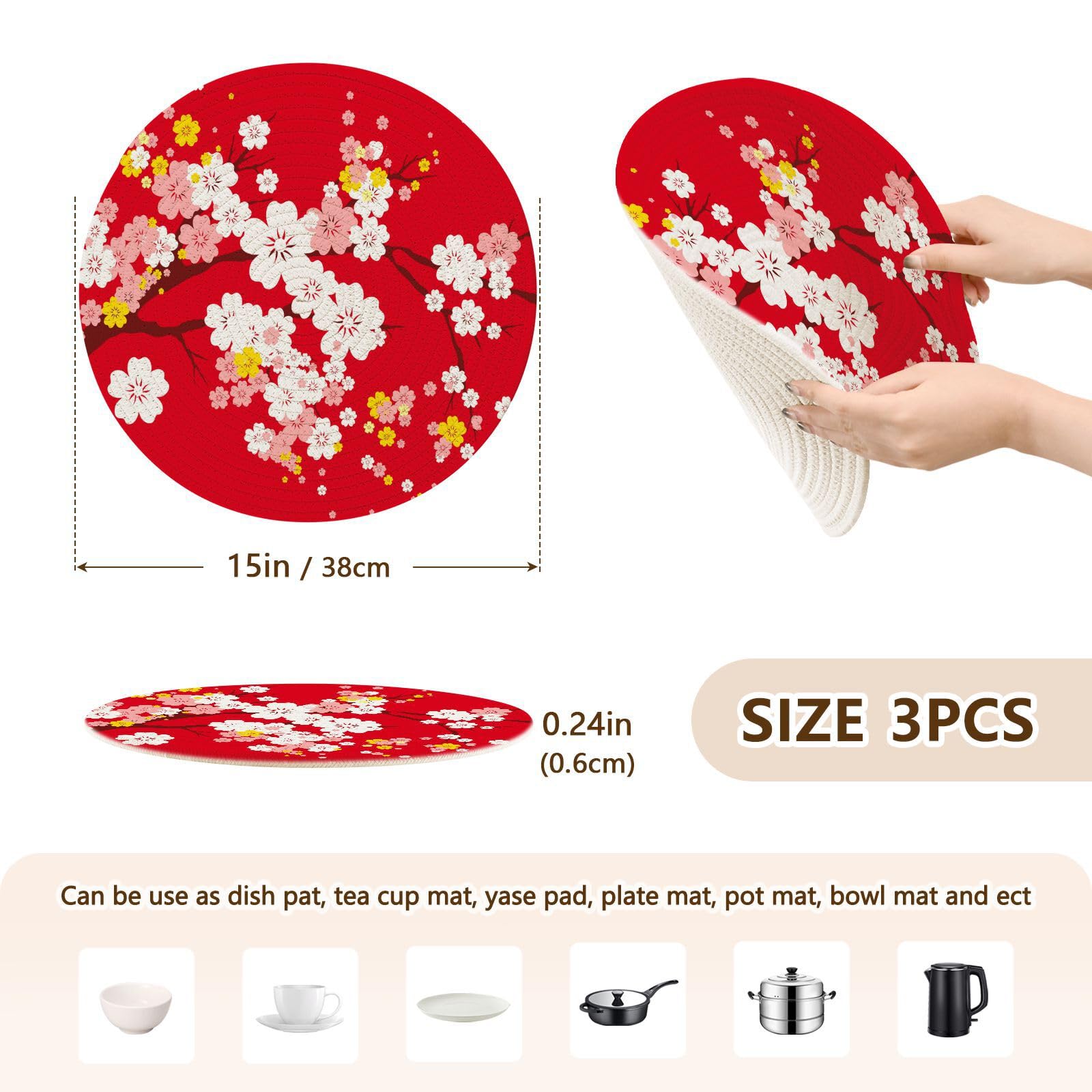 ALAZA Topflappen-Set mit japanischem Sakura-Baum, Kirschblüte, Baumwolle, Hot Topflappen, Bauernhaus-Untersetzer, 3er-Set, heiße Pads, heiße Matten für Küchentheke, dekorative37