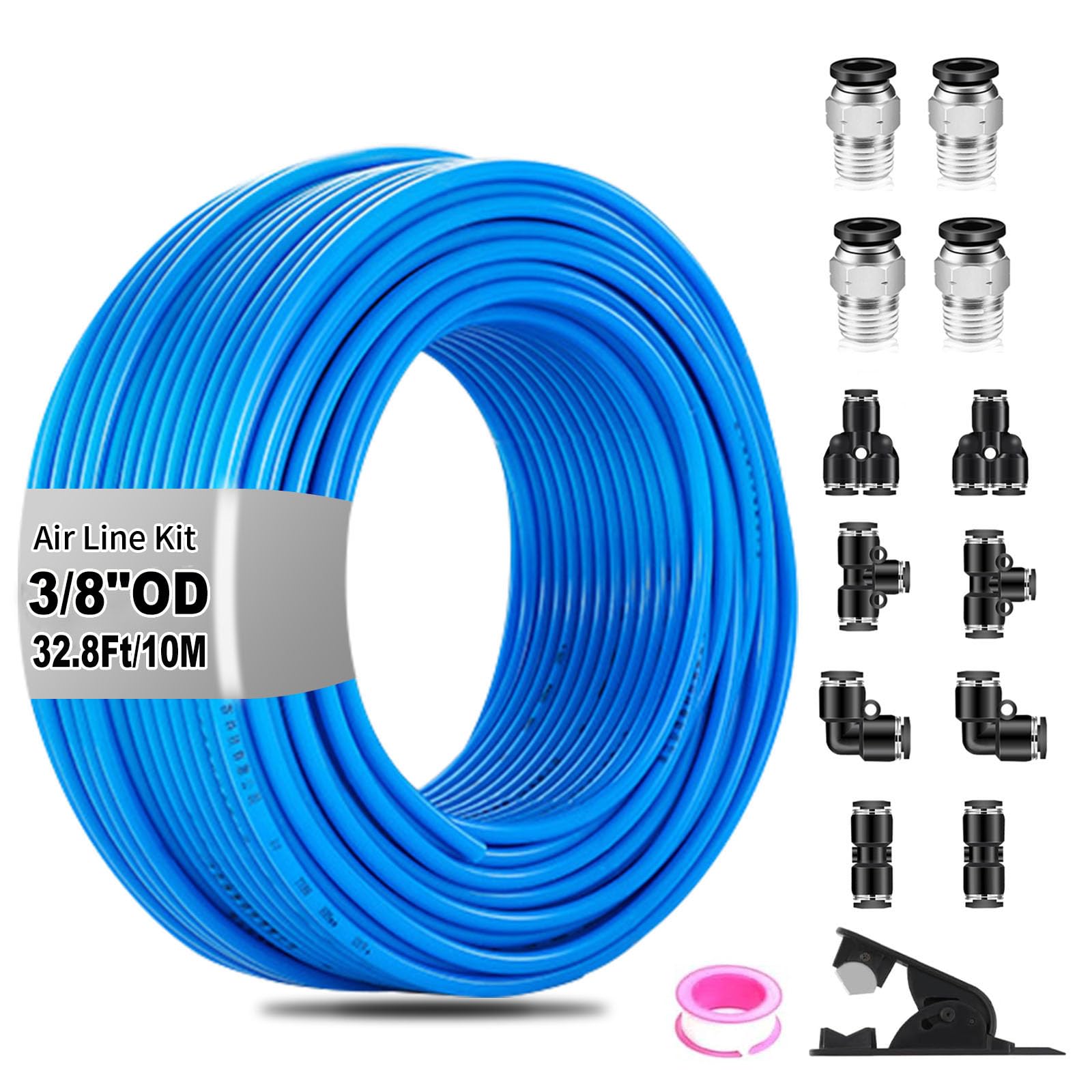 QITUO 3/8" Air line kit,3/8" OD 1/4" ID 32.8ft Blue Air Hose Tubing Fittings,13pcs Compressed Air Line Accessory Kit Push to Connect Fittings for Air