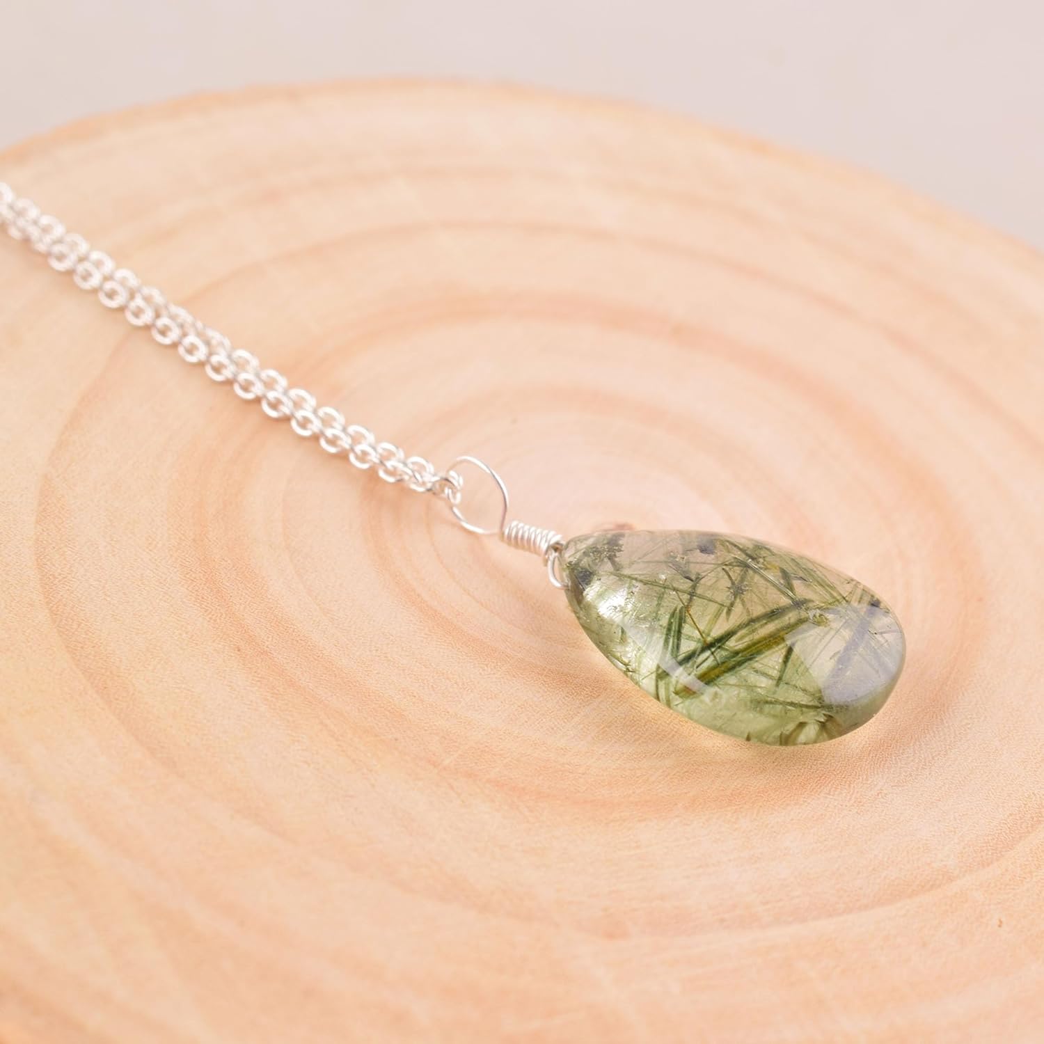 Natural Green Rutilated Quartz Crystals Pendant Necklace, Pear Cabochon Gemstone, Energy Healing Crystals, Birthday, Gift for Her, Gemstone Jewelry 18 inch AAA+ Quality - Image 3