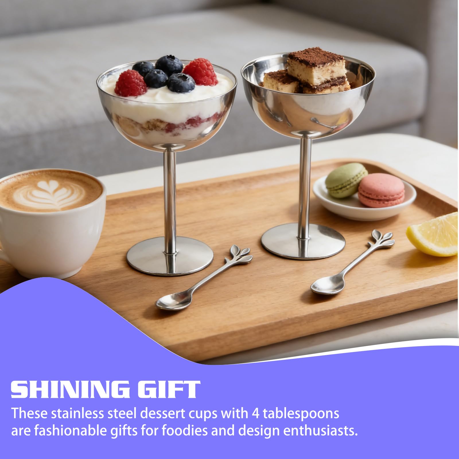 4 bicchieri da gelato in acciaio inox, 200 ml, con 4 cucchiai da dessert, forma rotonda, per gelato, dessert, yogurt, dessert per matrimoni, feste, ristorante, argento