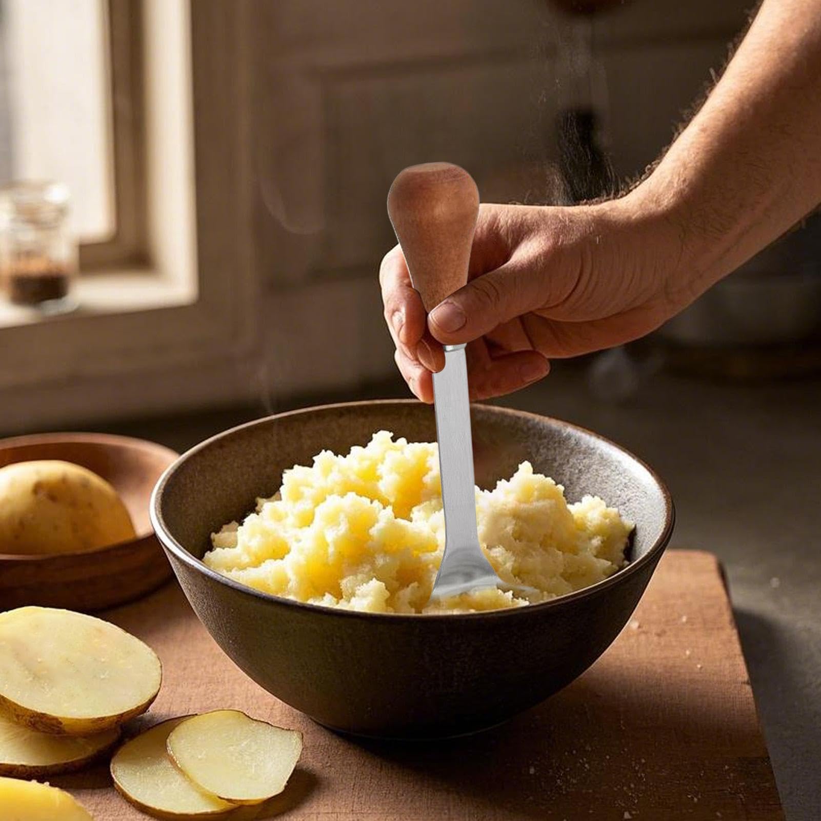 Masher De Frutas - Herramienta Eficiente De Utensilios De Cocina De Cocina - Machacador De Papa Compacto Con Mango De Madera, Ideal Para Frijoles, Verduras, Frutas, Carne