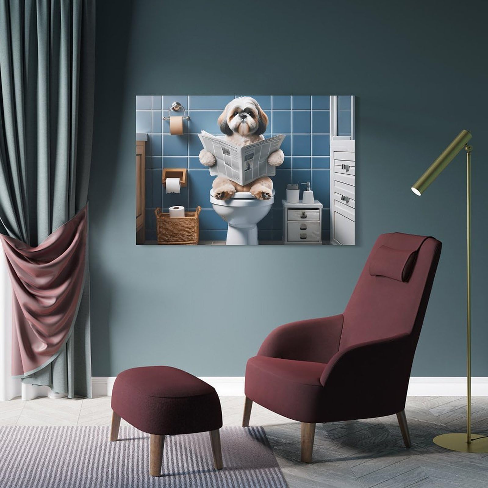 Junmoney Frame-Style-18 Dog Reading Newspaper On Toilet-3 Decorative Canvas Print, 20X30inch(50X75cm), For Living Room, Bedroom Or Home Office, Canvas Artwork With Gifting Potential