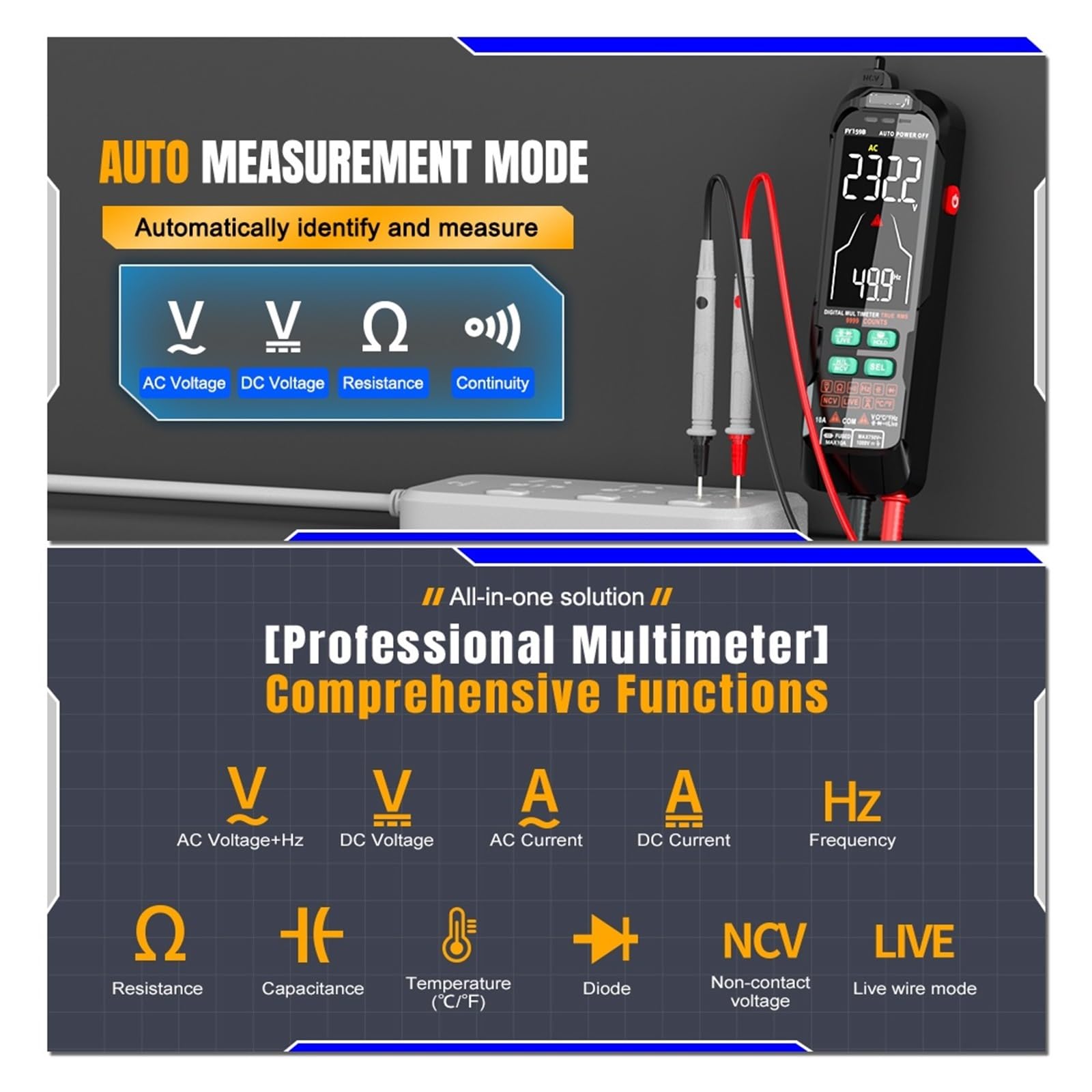 Multímetro profesional True RMS, medidor de voltaje y corriente recargable, capacitancia(FY158A)