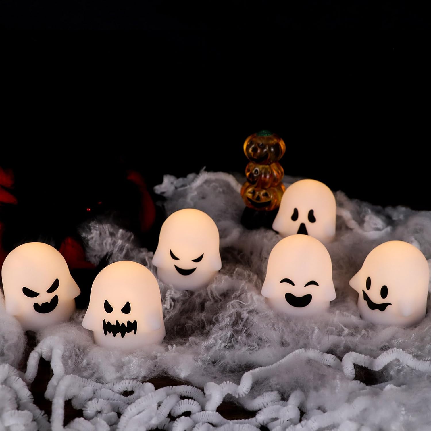 Eldnacele Ghost Flickering Flameless Candles with Remote & Timer,Battery Operated Warm Light White Plastic LED Candles Set of 6 for Halloween Indoor Spooky Face Ambiance Decor(2×2 .4Inches)