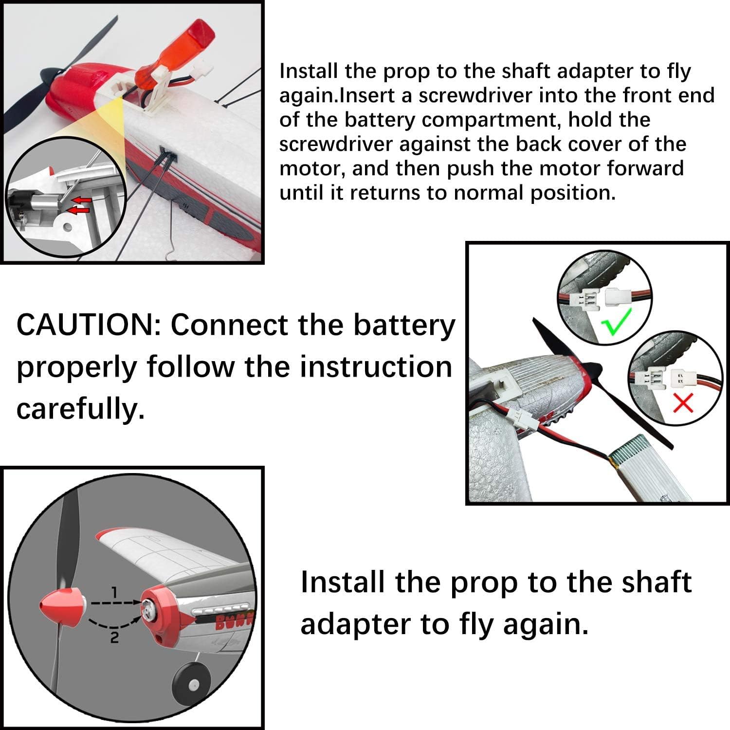 Diagram showing correct and incorrect battery connection, and propeller installation