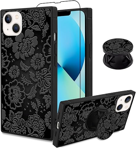SAKUULO Funda para iPhone 13, protector de pantalla + soporte Bonito diseño de estampado de flores negras, protección de bordes de TPU suave,