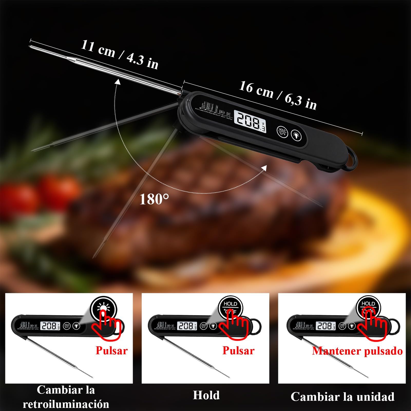 Charmline Termómetro de alta precisión para cocinar, precisión de ± 1 °C, termómetro para carne, hornear y asar, pantalla LCD de alta resolución con retroiluminación