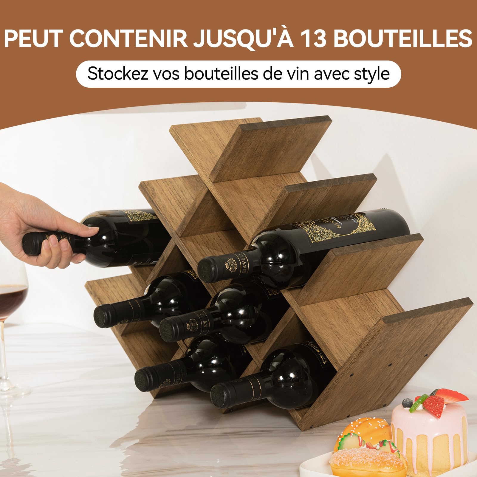 KIRIGEN Casier à vin, Porte-Bouteilles 13 Places, 56,6×15×36,5 cm, Brun | Bois massif travaillé à la main, finition à l’huile-cire, 4 étagères, montage par vis, tournevis non fourni.